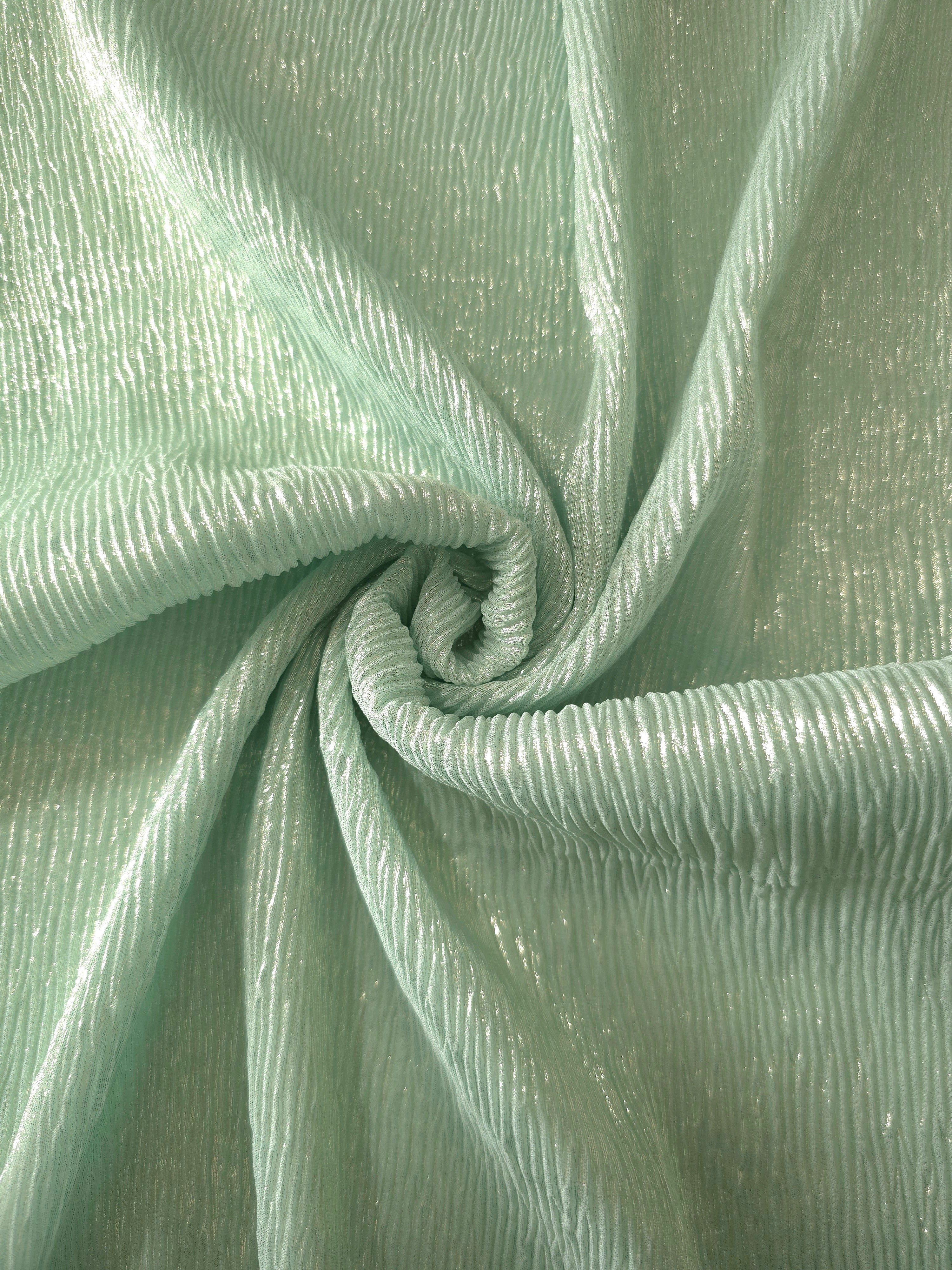 Soft Sage shimmer plissé shown in a broad view, making the pleat pattern and visual rhythm clear for dancewear, stage costumes and longline silhouettes.