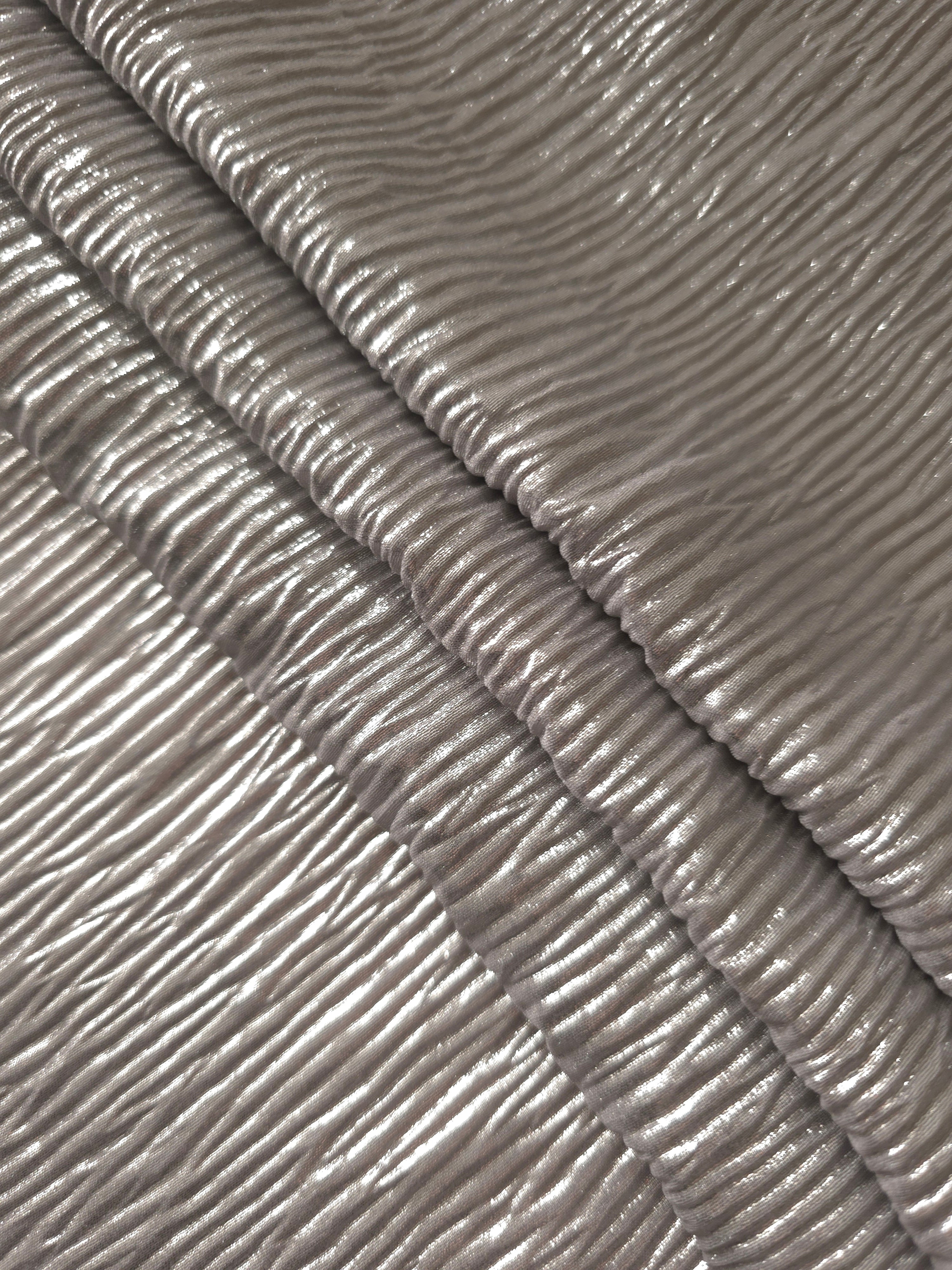 Steel Silver fine mini-plissé fabric in close detail, revealing the fine shimmer and dimensional pleat structure suited to bodice accents and fashion-forward blouses.
