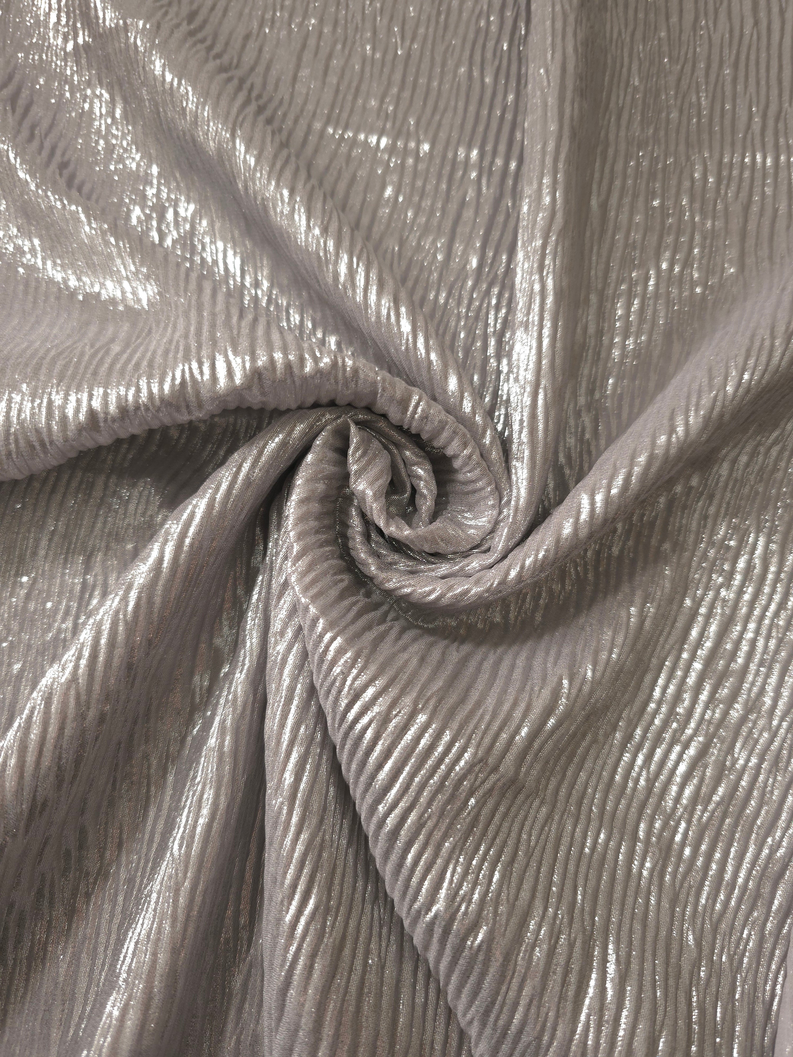 Steel Silver shimmer plissé shown in a broad view, making the pleat pattern and visual rhythm clear for dancewear, stage costumes and longline silhouettes.
