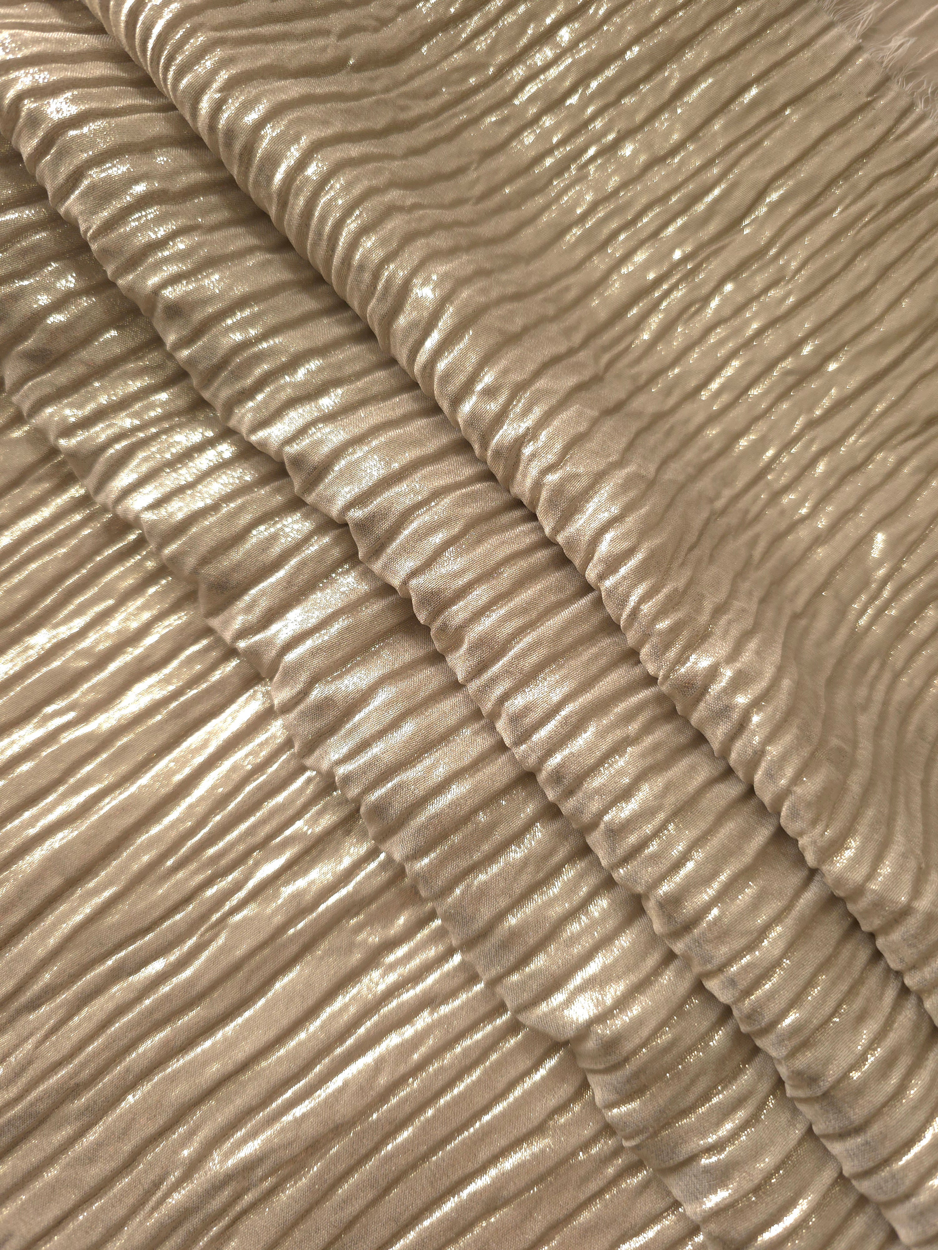 Champagne Beige classic plissé fabric in close detail, revealing the fine shimmer and dimensional pleat structure suited to bodice accents and fashion-forward blouses.