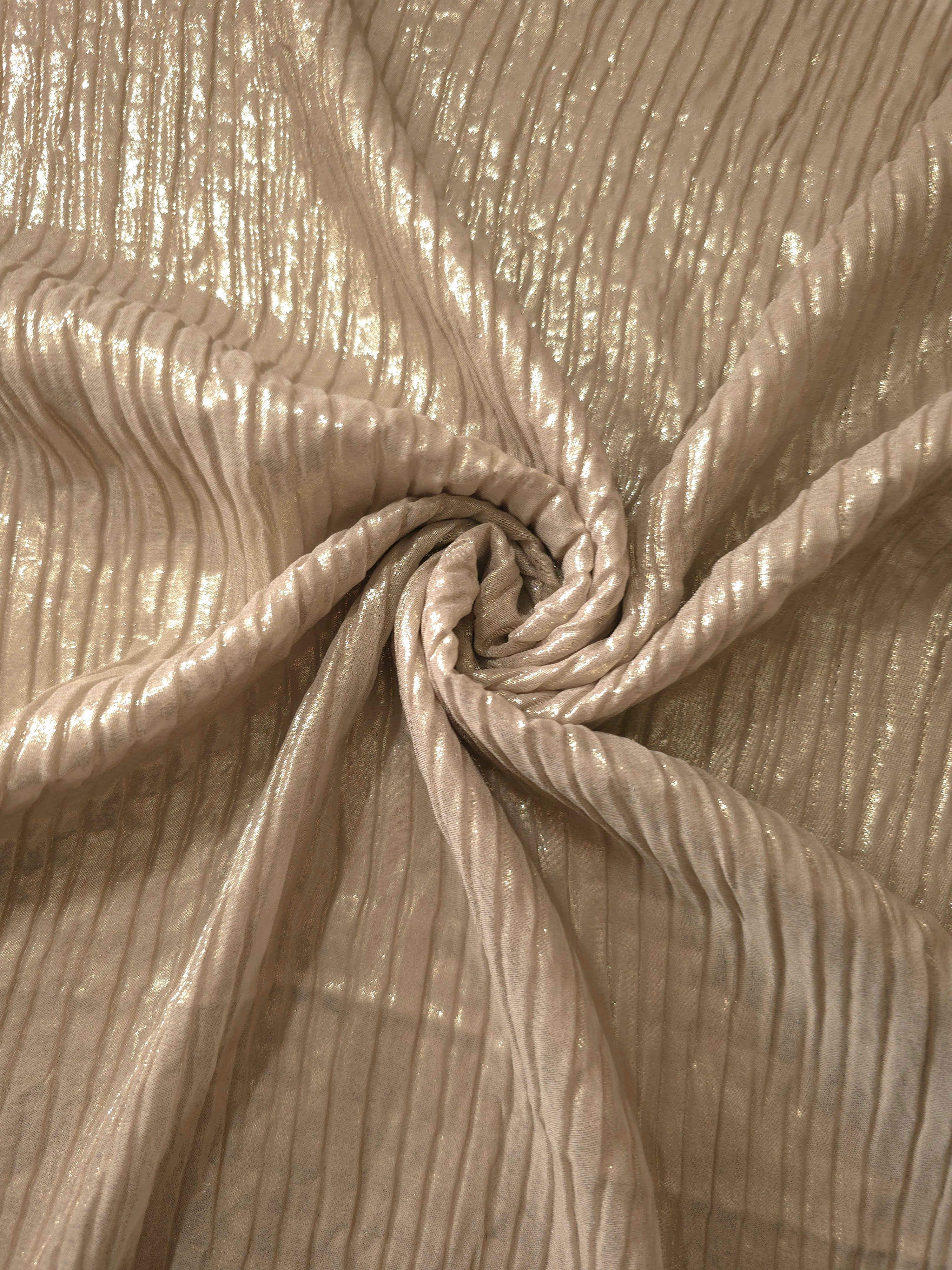 Champagne Beige shimmer plissé shown in a broad view, making the pleat pattern and visual rhythm clear for blouses, skirts and fashion-forward layering pieces.