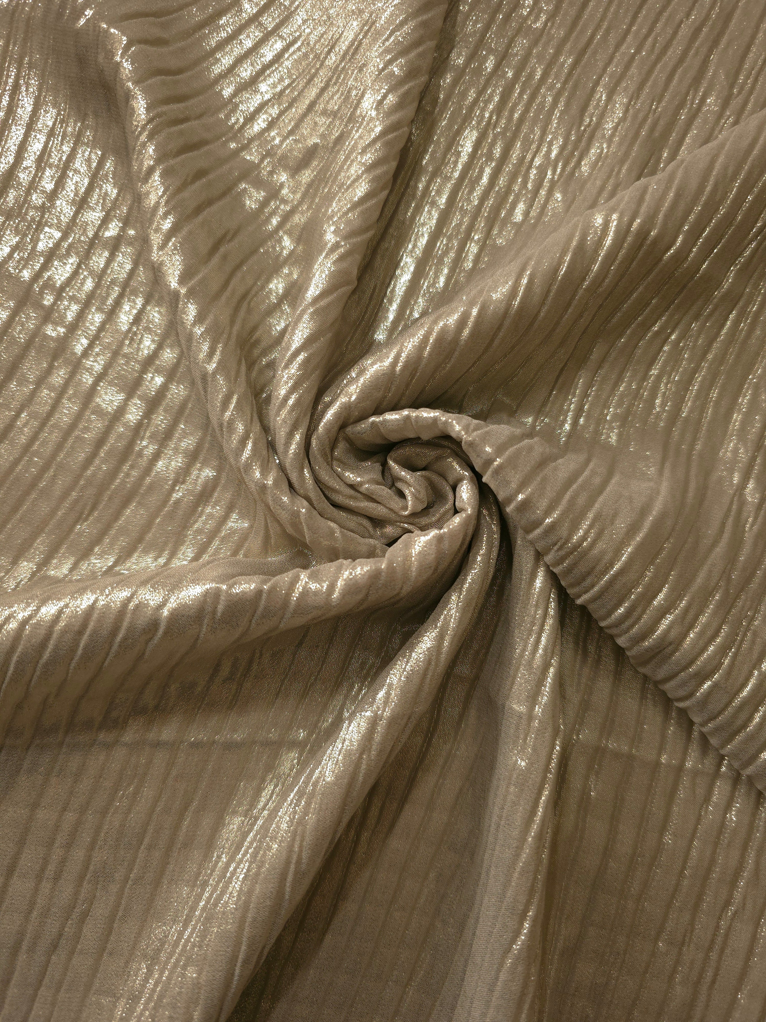 Champagne Taupe shimmer plissé shown in a broad view, making the pleat pattern and visual rhythm clear for blouses, skirts and fashion-forward layering pieces.