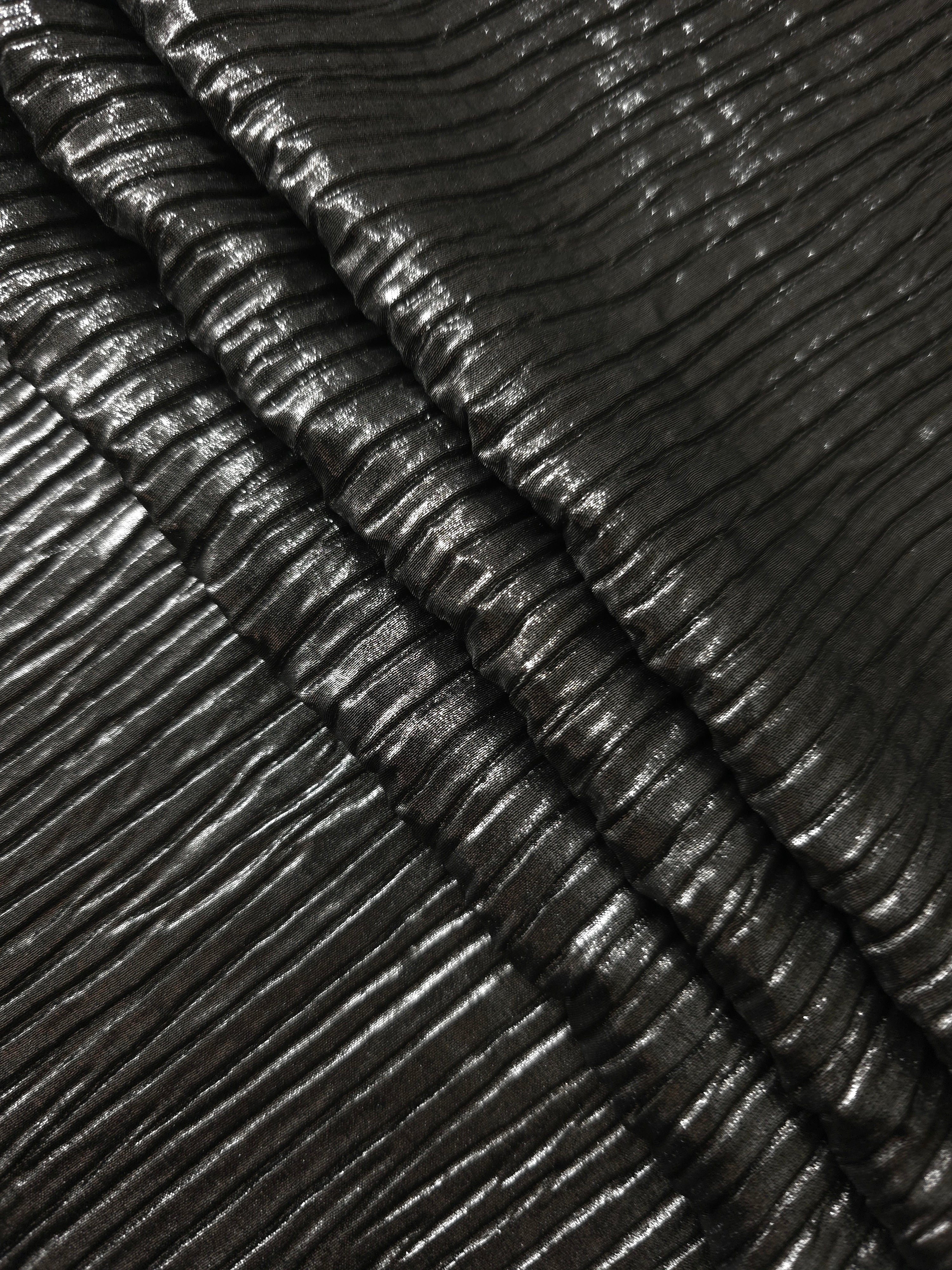 Charcoal Black classic plissé fabric in close detail, revealing the fine shimmer and dimensional pleat structure suited to bodice accents and fashion-forward blouses.