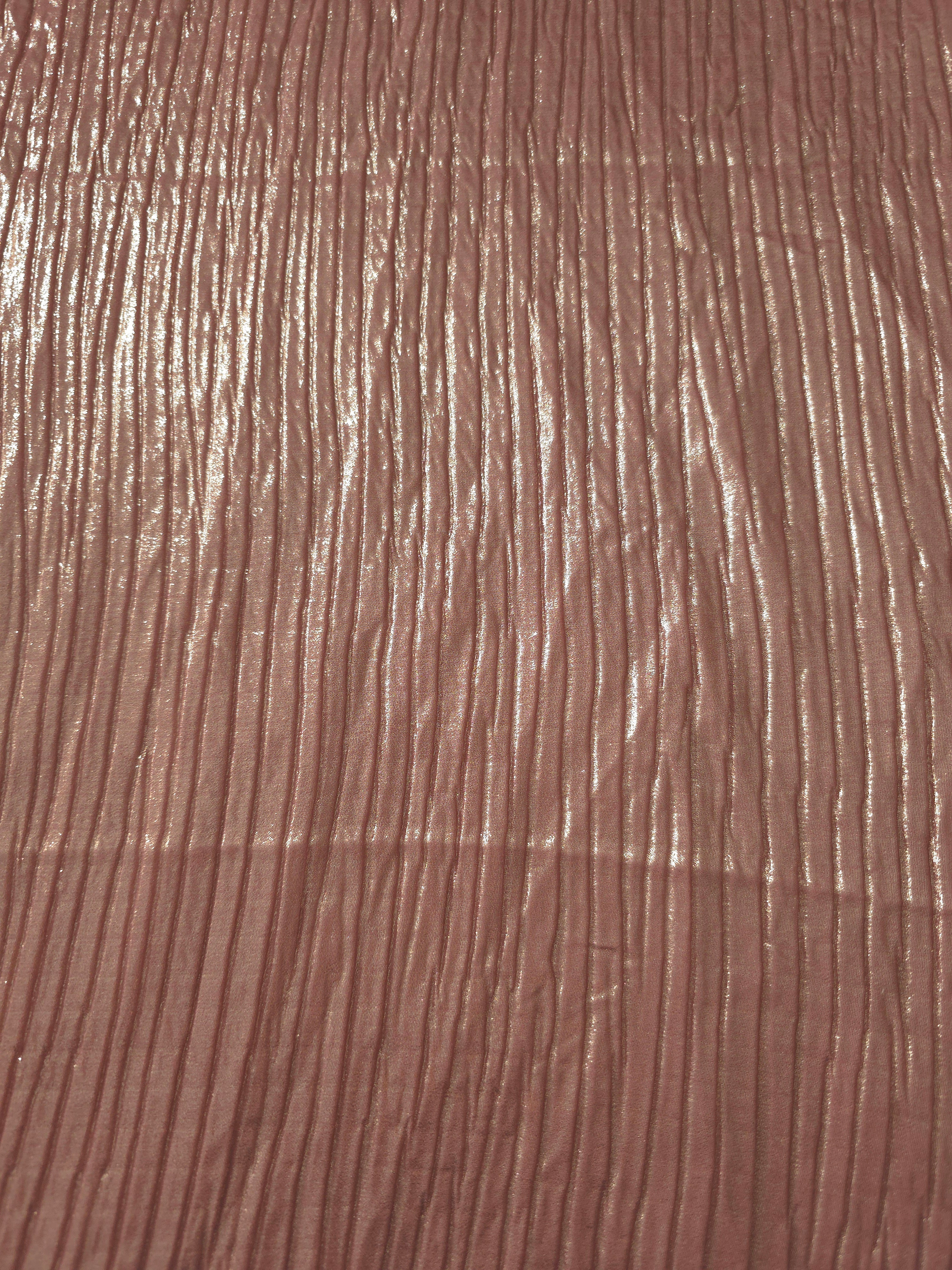 Surface detail of Dusty Rose classic plissé shimmer fabric showcases regular pleated texture for evening clutches, garment accents and special-occasion pieces.
