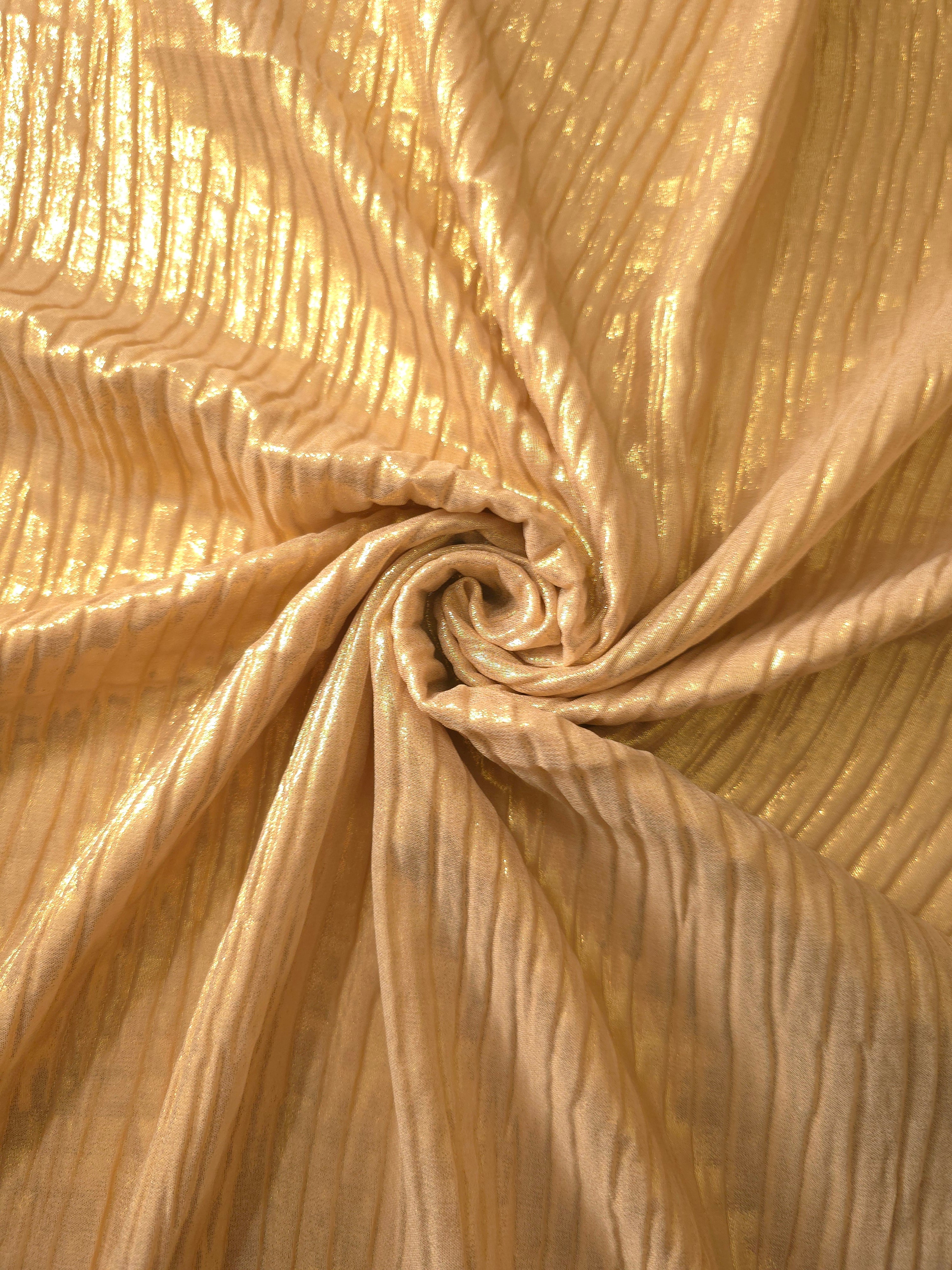 Golden Beige shimmer plissé shown in a broad view, making the pleat pattern and visual rhythm clear for blouses, skirts and fashion-forward layering pieces.