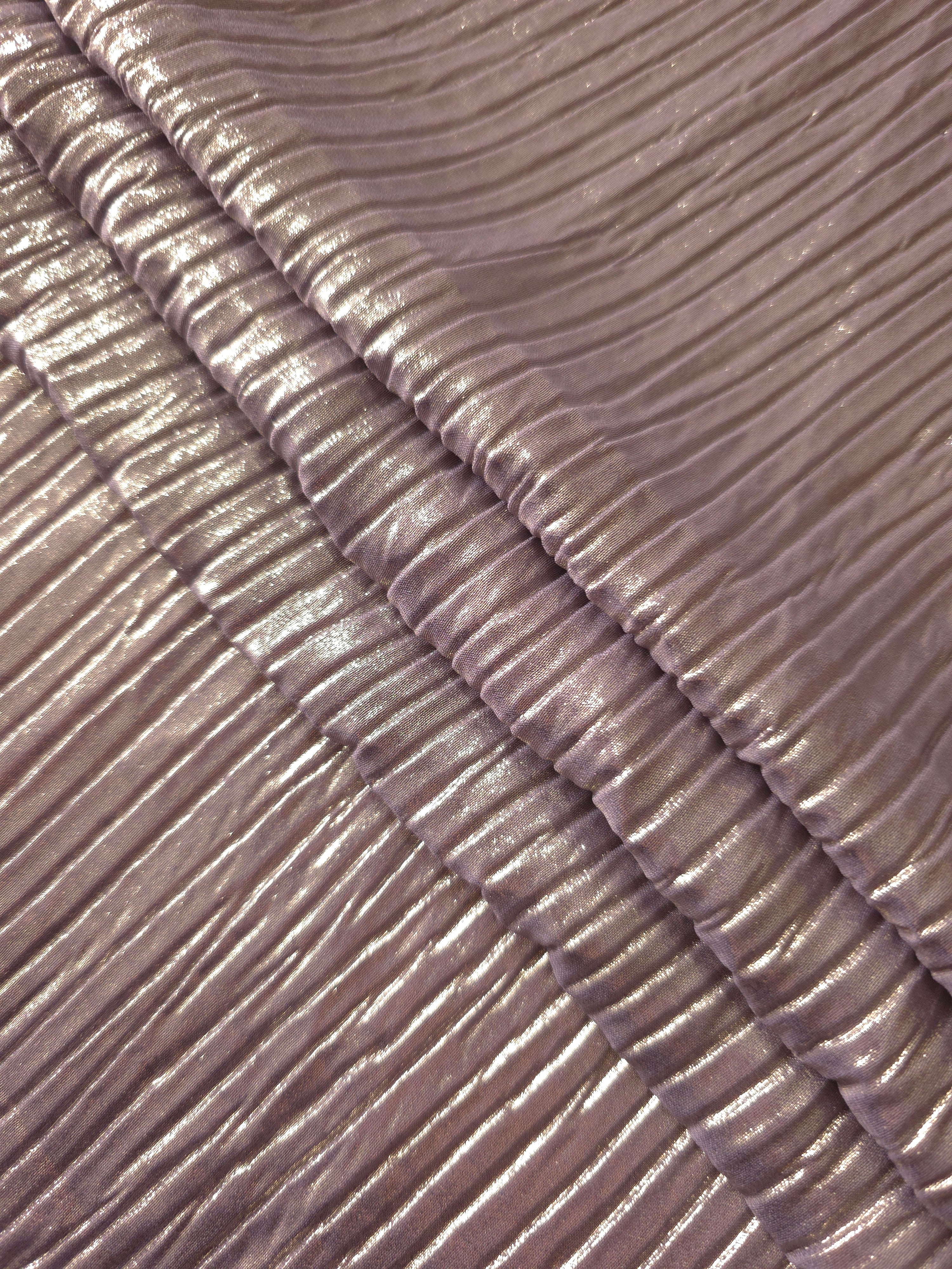 Lavender Taupe classic plissé fabric in close detail, revealing the fine shimmer and dimensional pleat structure suited to bodice accents and fashion-forward blouses.