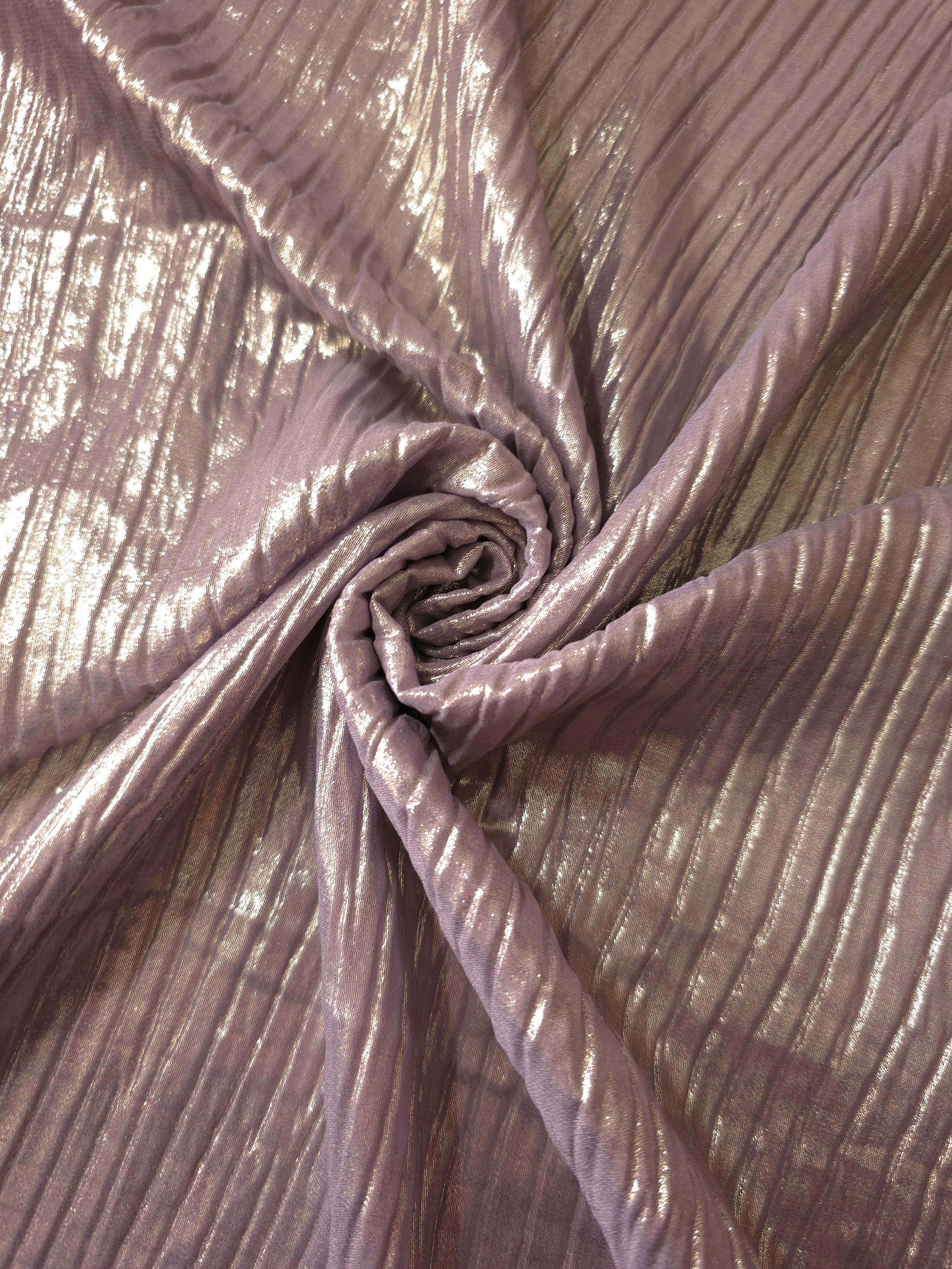 Lavender Taupe shimmer plissé shown in a broad view, making the pleat pattern and visual rhythm clear for blouses, skirts and fashion-forward layering pieces.