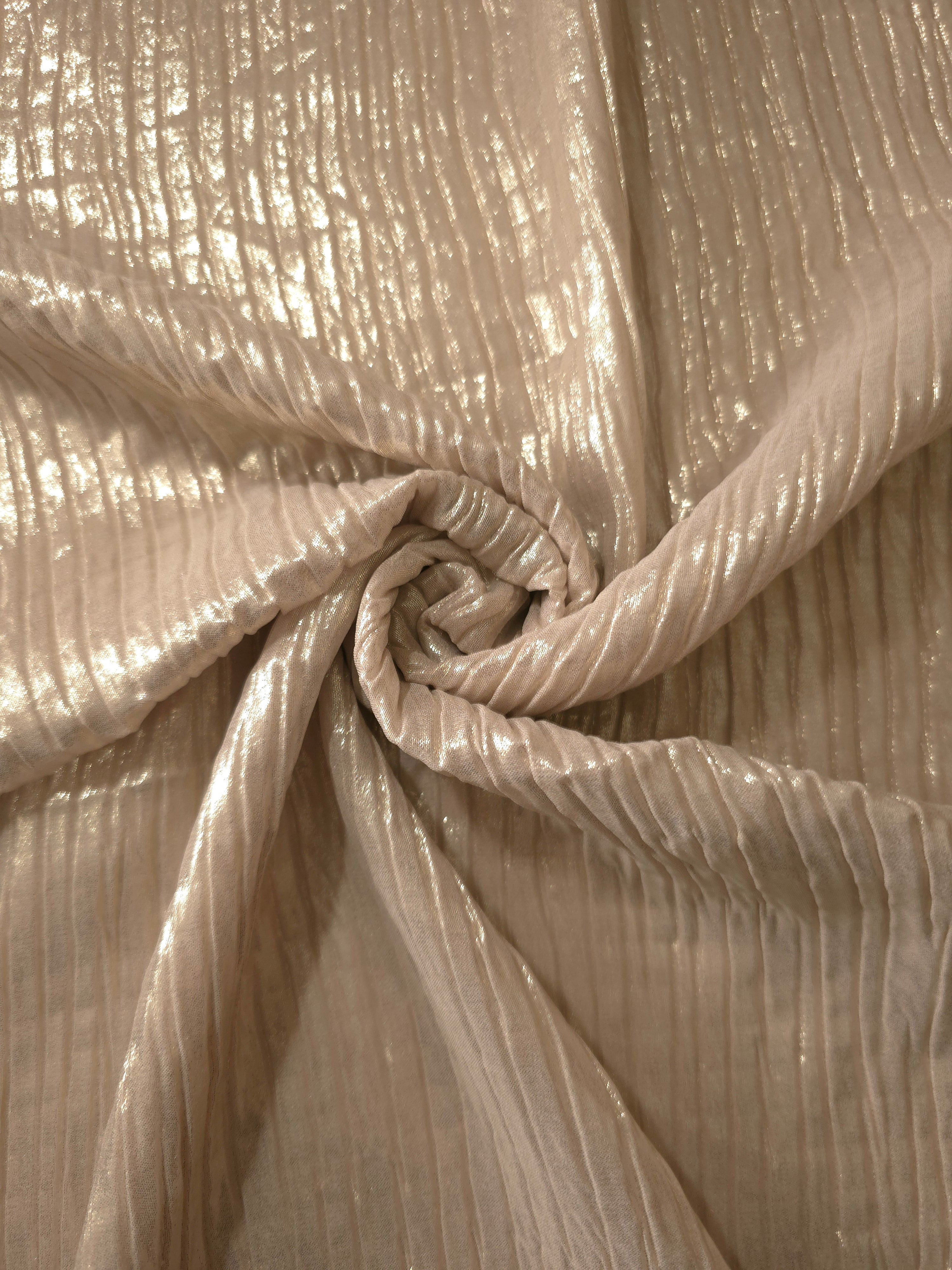 Light Cream shimmer plissé shown in a broad view, making the pleat pattern and visual rhythm clear for blouses, skirts and fashion-forward layering pieces.