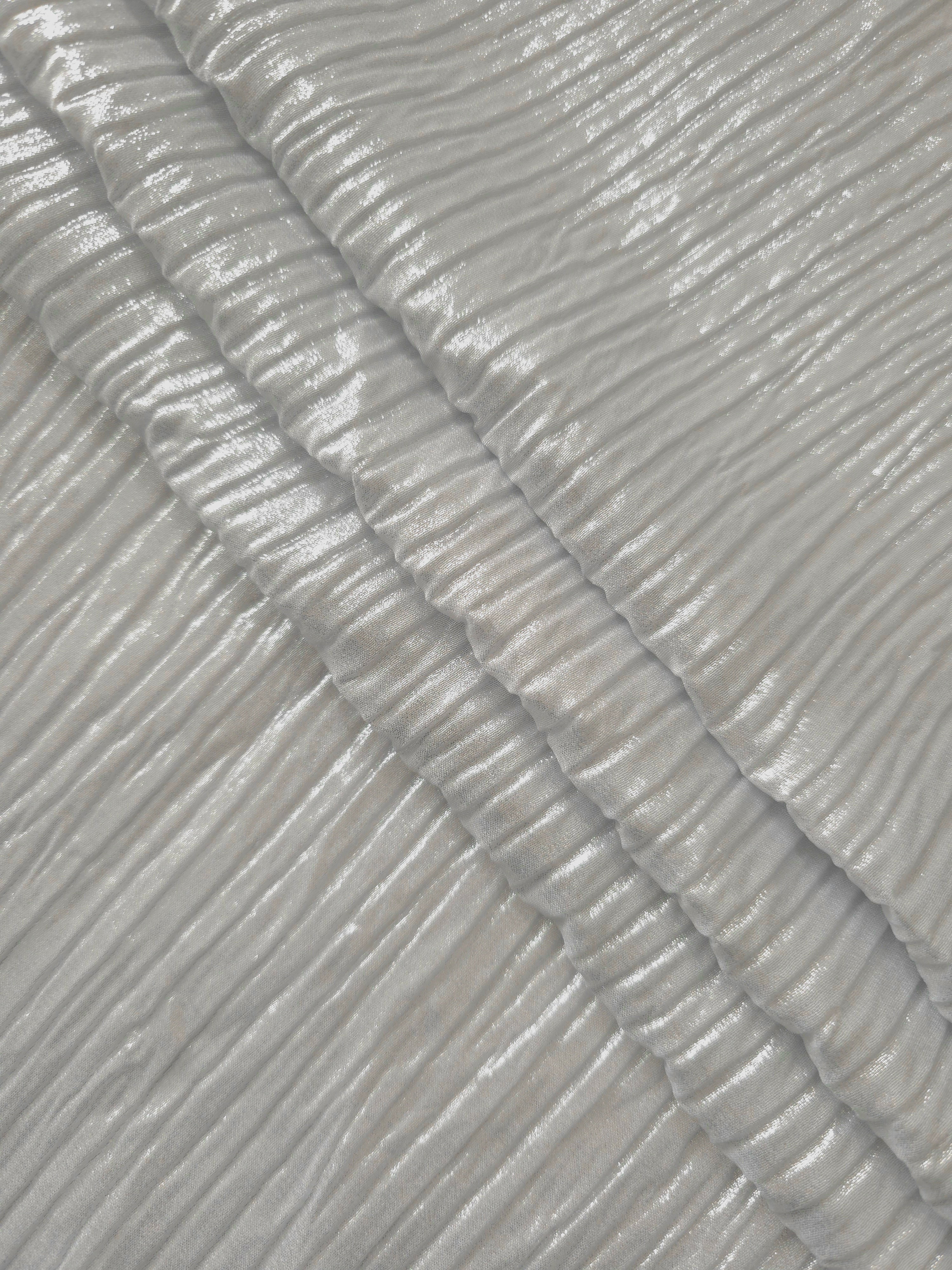 Pearl Gray classic plissé fabric in close detail, revealing the fine shimmer and dimensional pleat structure suited to bodice accents and fashion-forward blouses.