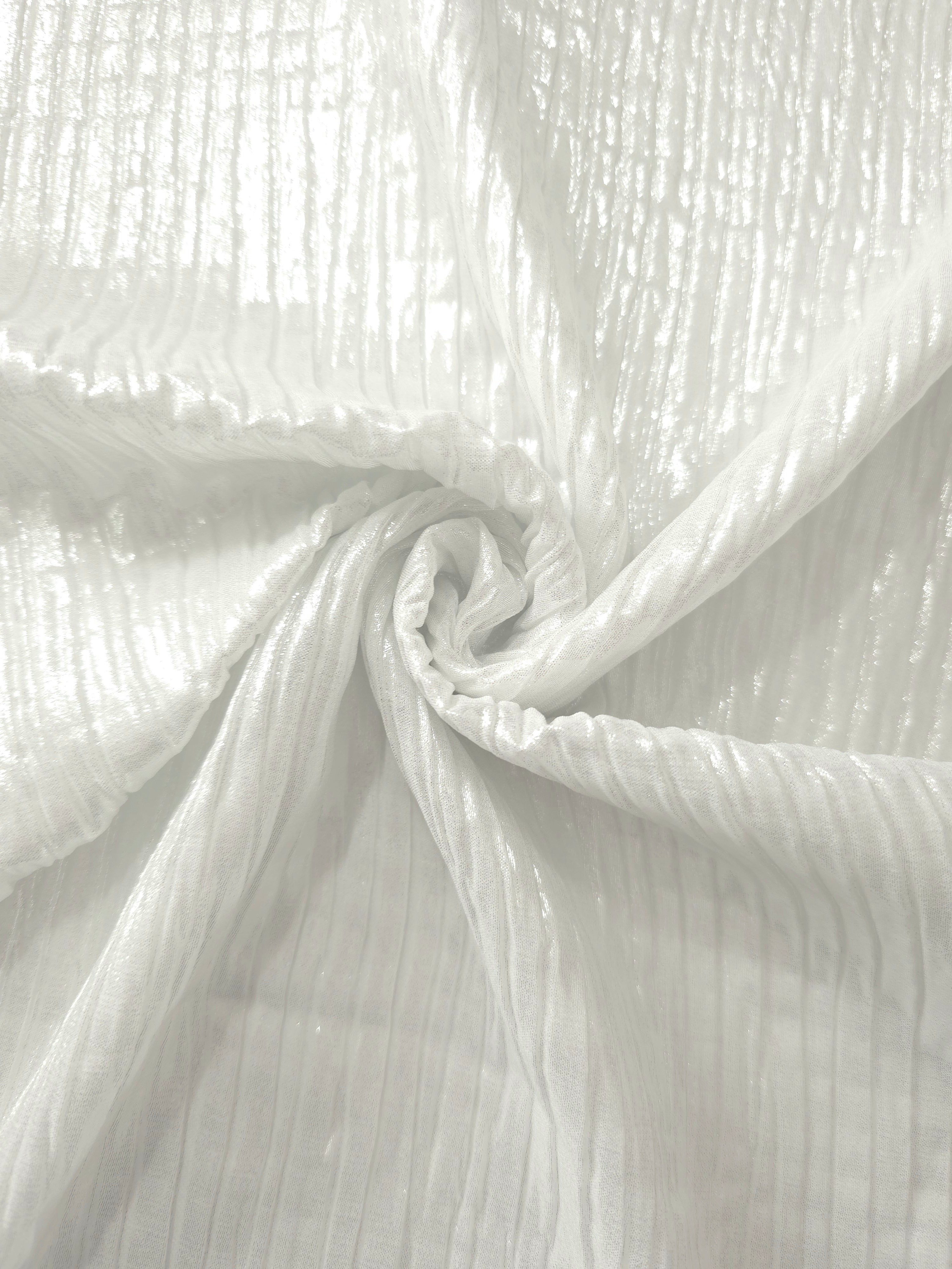 Pearl White shimmer plissé shown in a broad view, making the pleat pattern and visual rhythm clear for blouses, skirts and fashion-forward layering pieces.