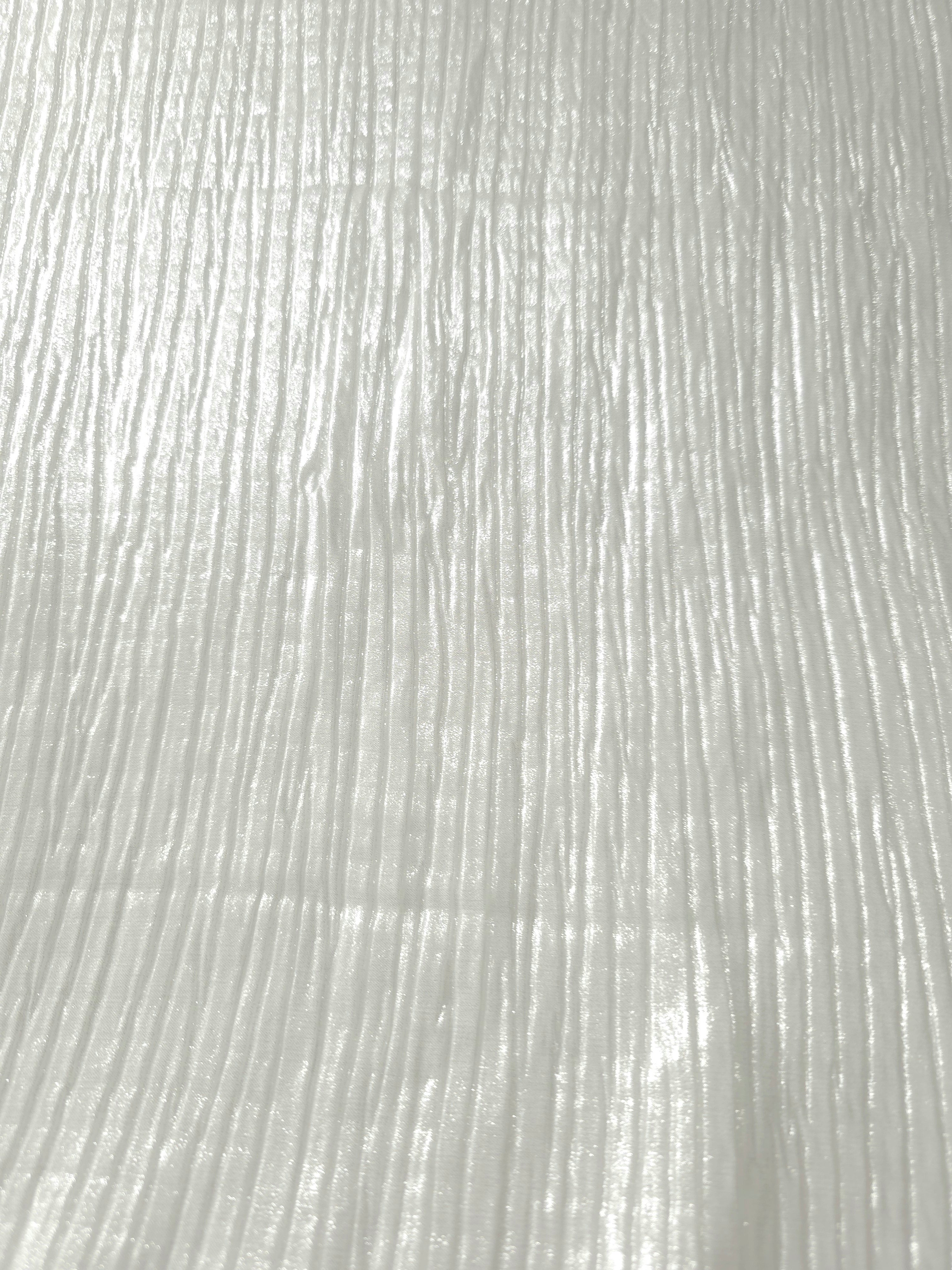 Surface detail of Pearl White classic plissé shimmer fabric showcases regular pleated texture for evening clutches, garment accents and special-occasion pieces.