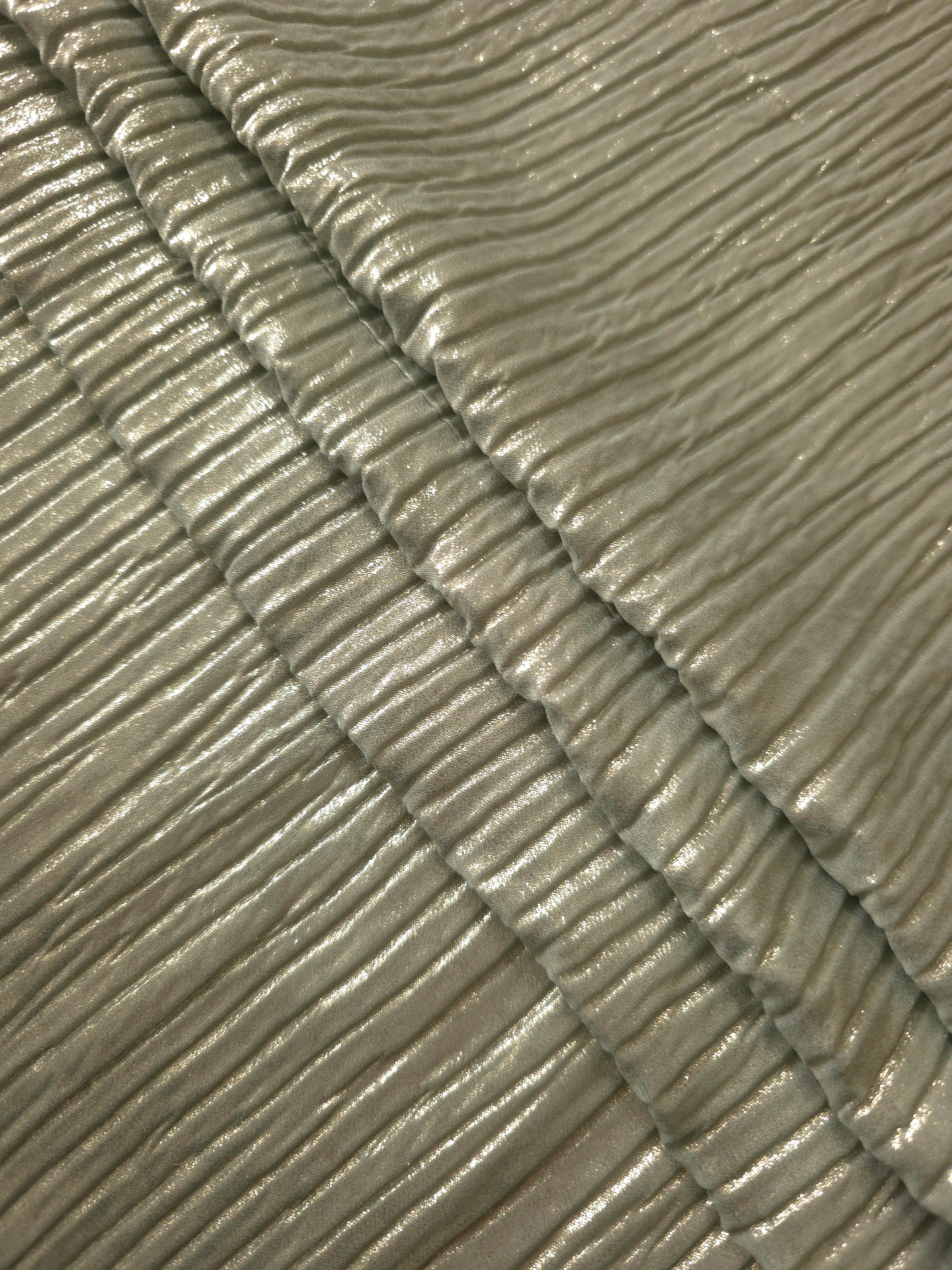 Sage Taupe classic plissé fabric in close detail, revealing the fine shimmer and dimensional pleat structure suited to bodice accents and fashion-forward blouses.