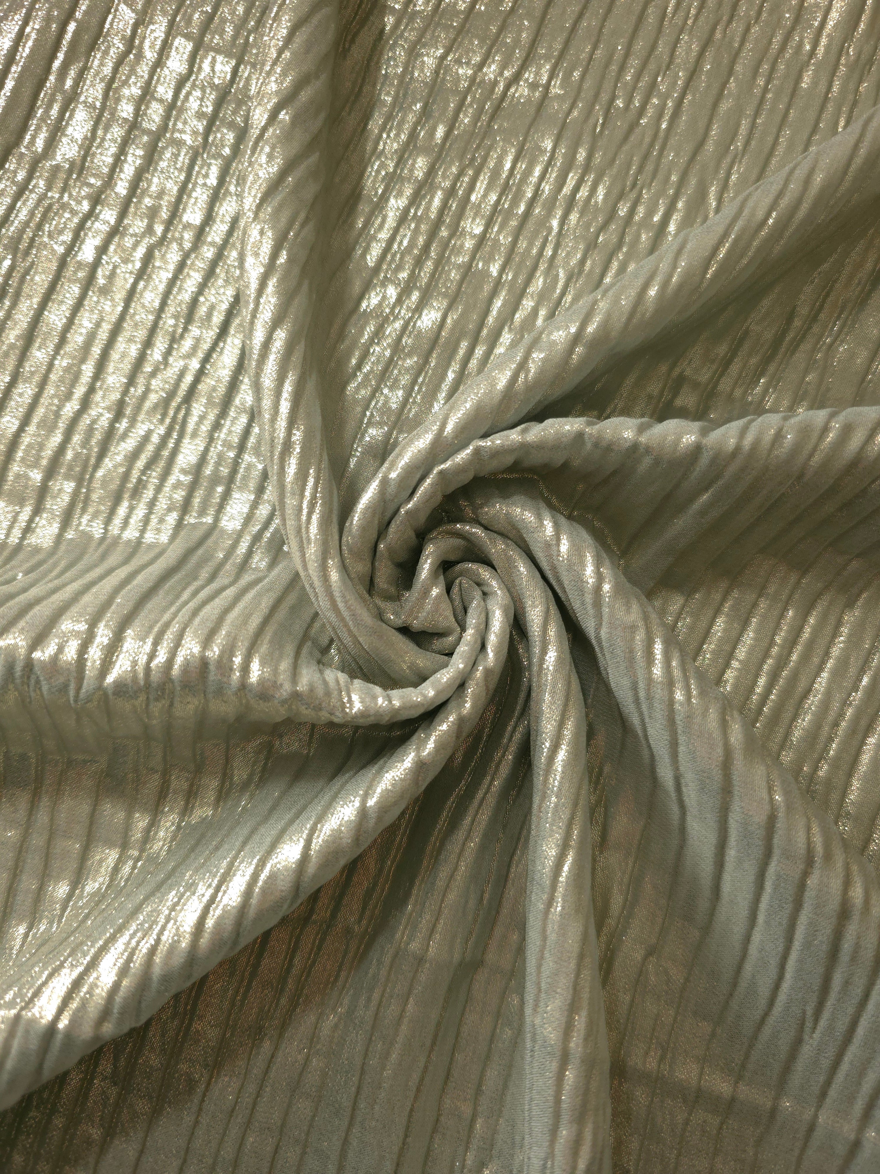 Sage Taupe shimmer plissé shown in a broad view, making the pleat pattern and visual rhythm clear for blouses, skirts and fashion-forward layering pieces.