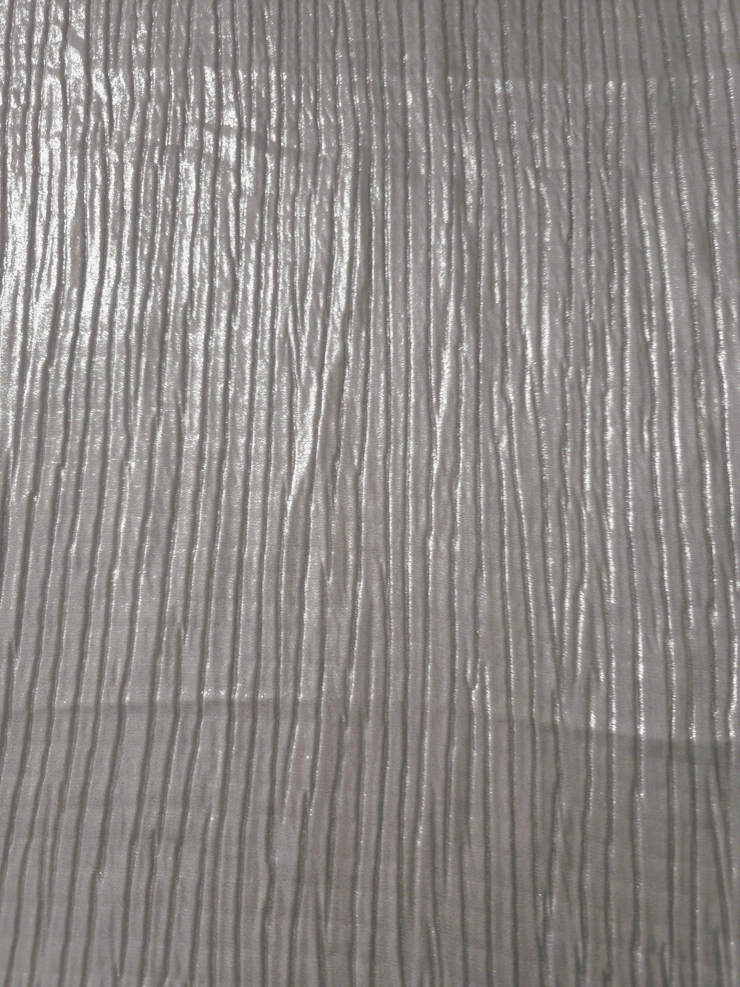 Surface detail of Silver Gray classic plissé shimmer fabric showcases regular pleated texture for evening clutches, garment accents and special-occasion pieces.