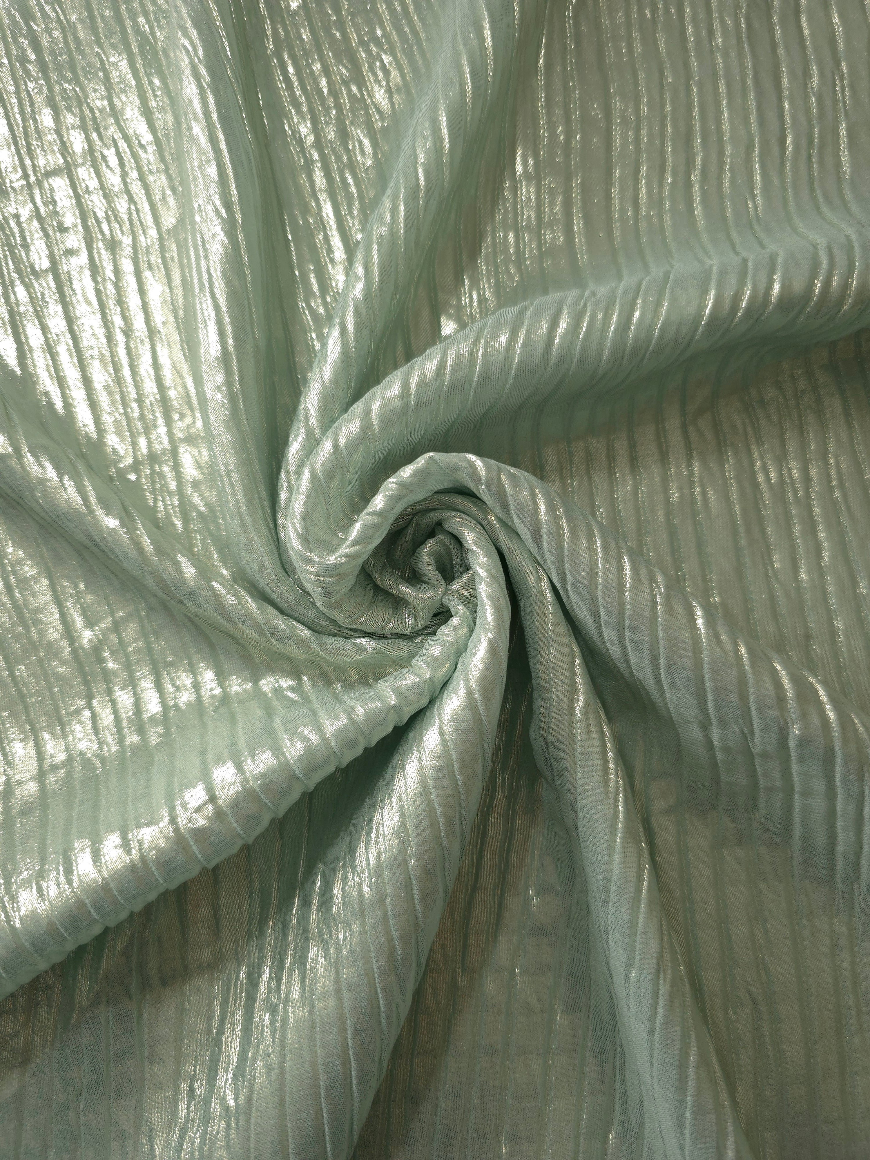 Soft Sage shimmer plissé shown in a broad view, making the pleat pattern and visual rhythm clear for blouses, skirts and fashion-forward layering pieces.
