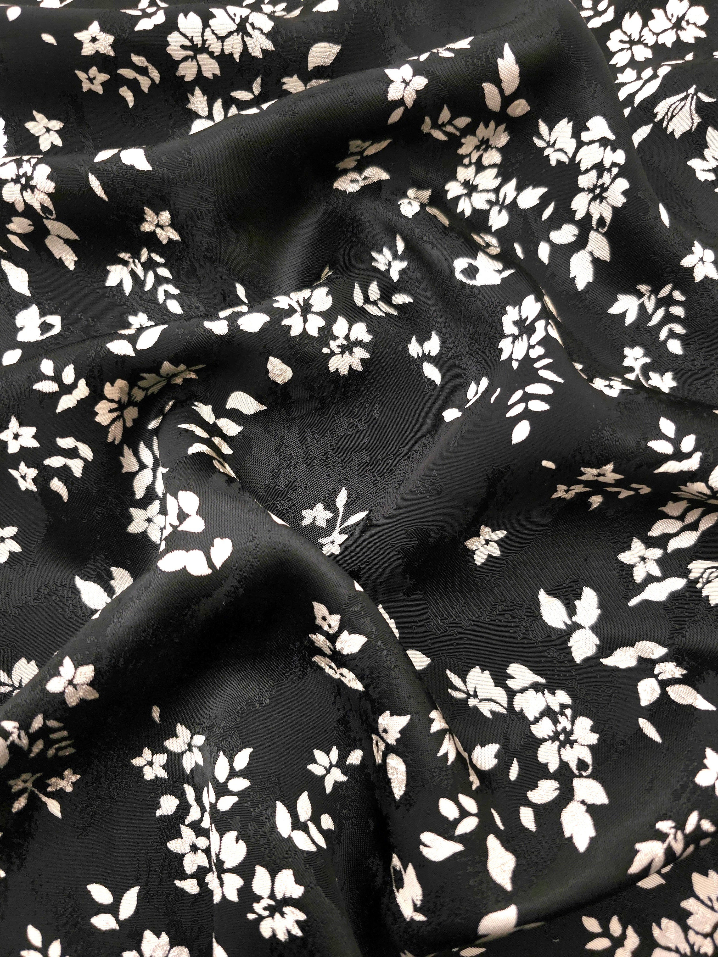 Ivory wildflower scatter Turkish rayon viscose jacquard fabric on black base