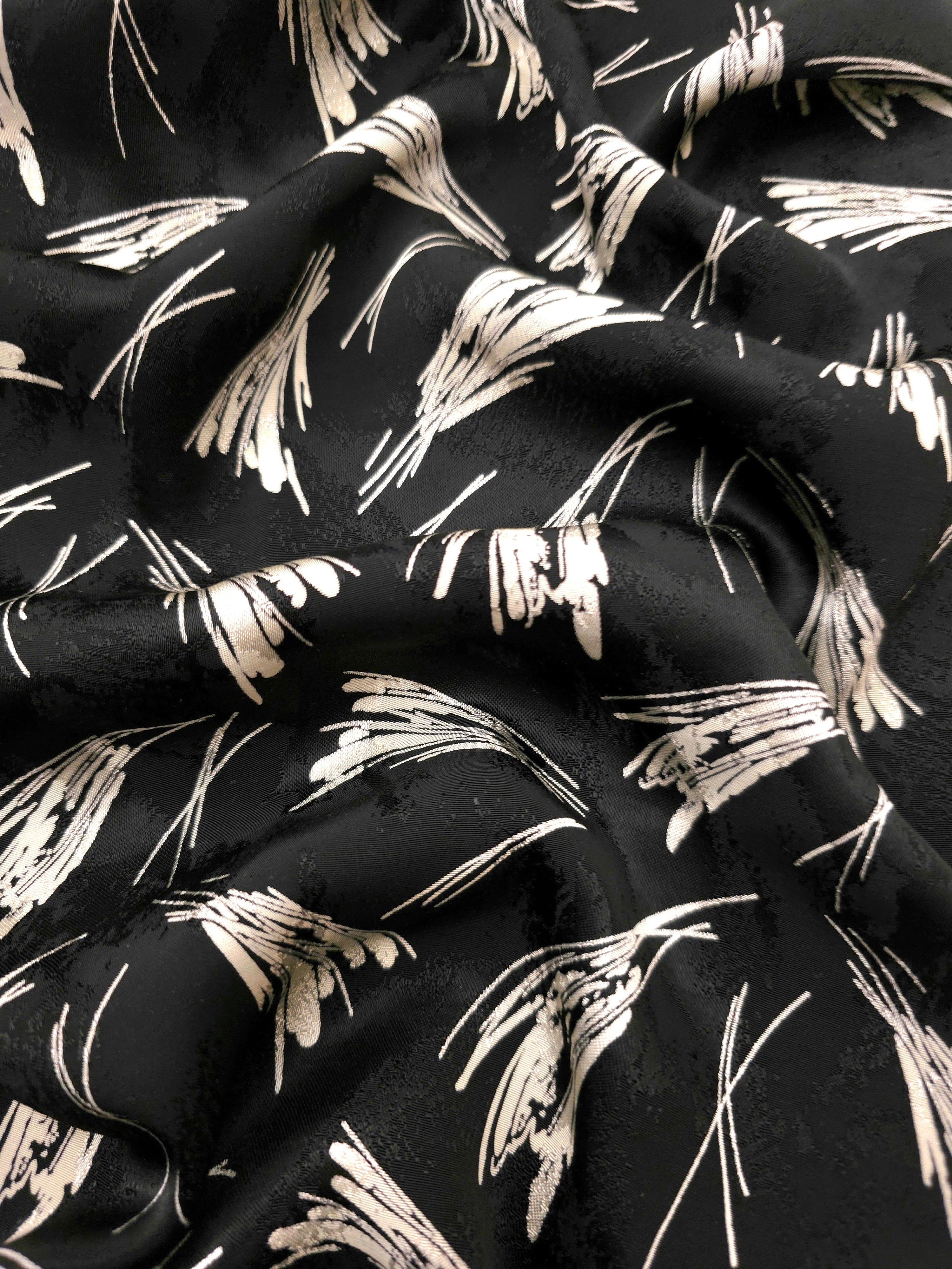 Silver wheat sprig Turkish rayon viscose jacquard fabric on black base