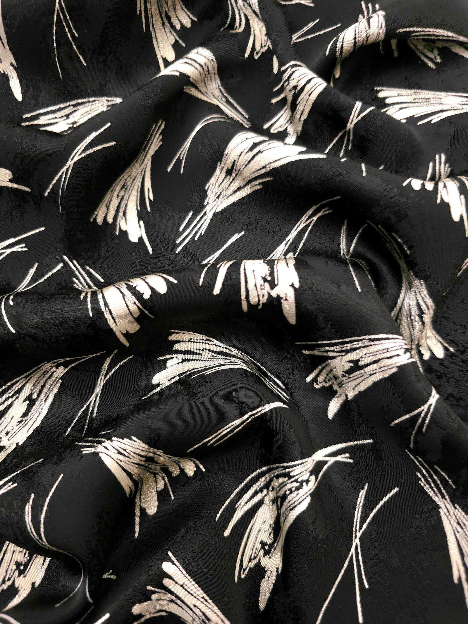 Silver wheat sprig Turkish rayon viscose jacquard fabric on black base