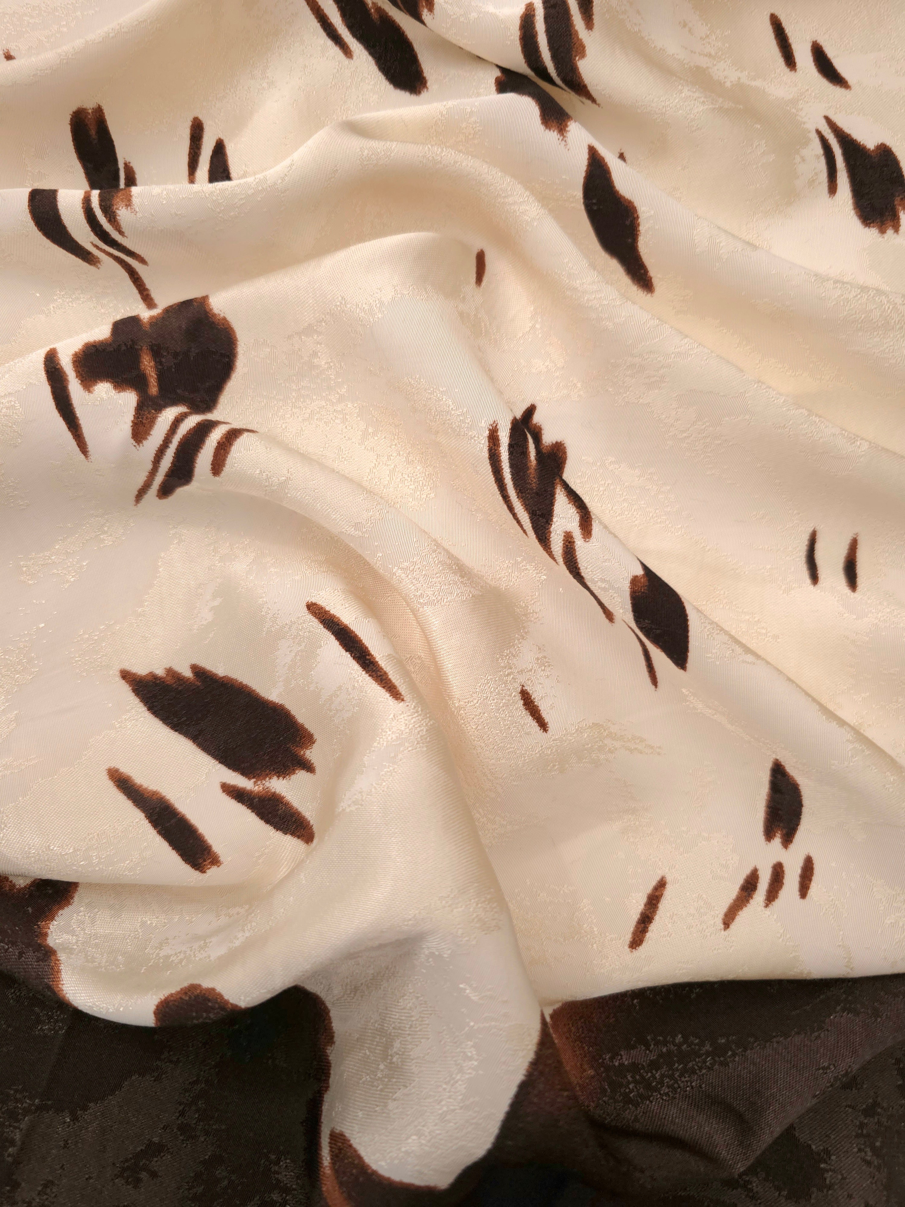 Espresso ink wash Turkish rayon viscose jacquard fabric on ivory base