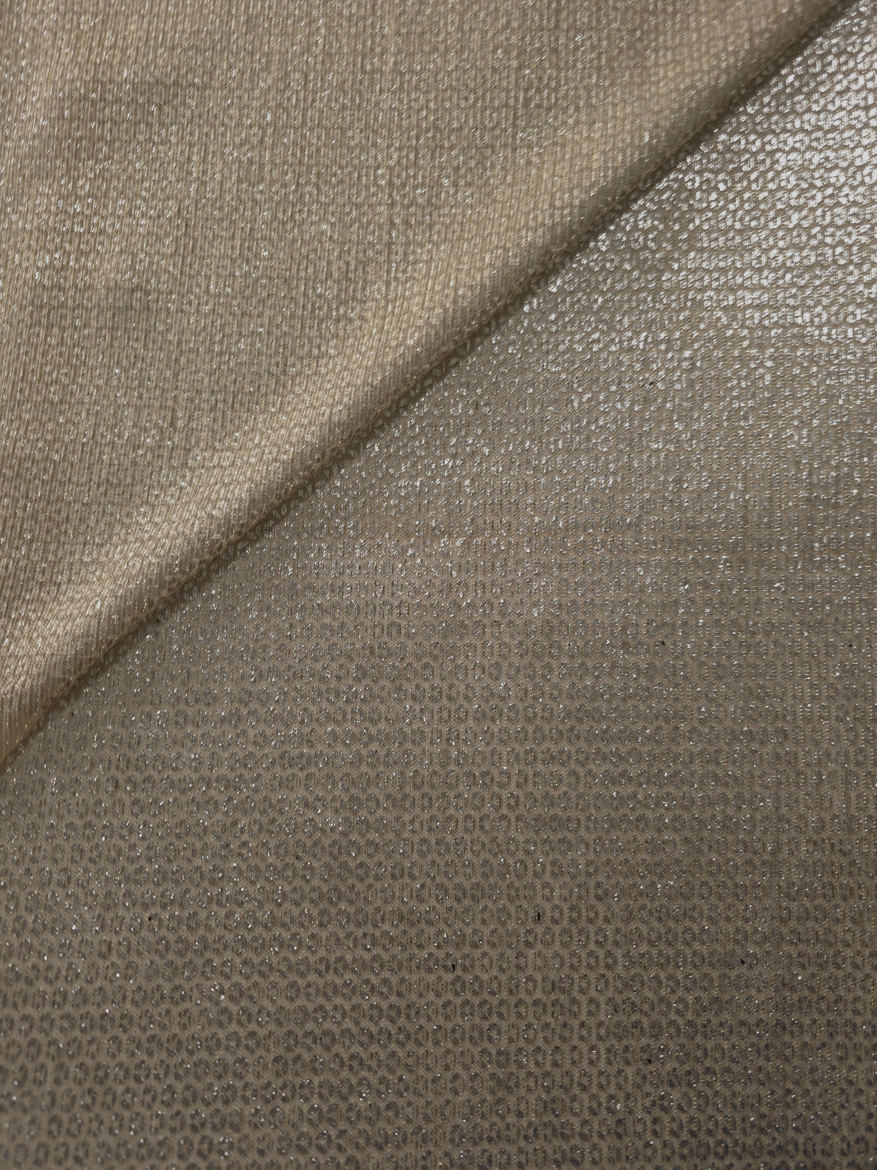 Front and back of Champagne Gold Sheer Circle Shimmer Stretch Tulle Fabric showing transparent knit structure, circle motif and stretch