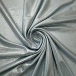 Cool Silver Gray foiled spandex styled in a swirl, revealing metallic shine and flexible drape for dance costumes and occasion looks