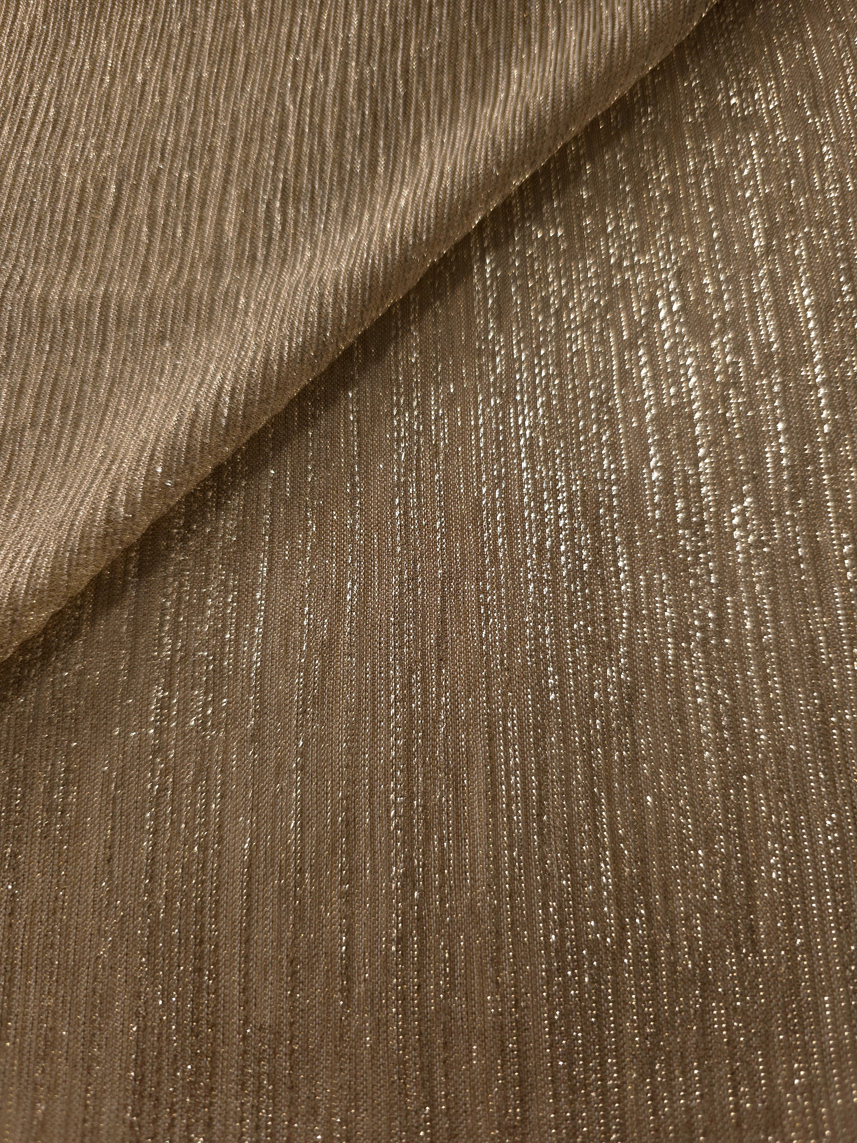 Antique Taupe Gold Sheer Metallic Shimmer Stretch Tulle Fabric shown front and back, revealing reflective metallic shimmer, translucent mesh structure and flexible stretch for layered garments, costumes and dancewear