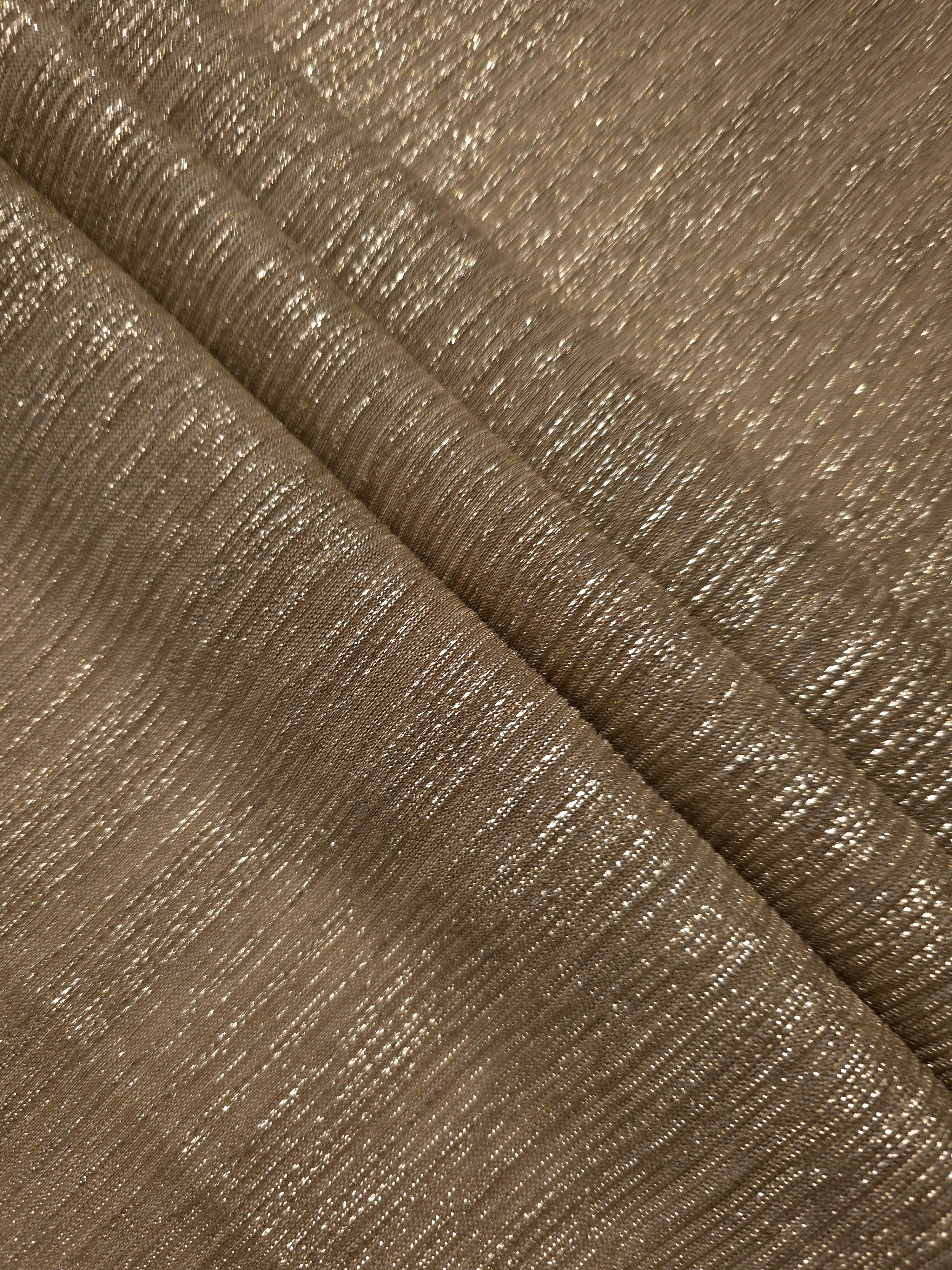 Layered Antique Taupe Gold Sheer Metallic Shimmer Stretch Tulle Fabric showing shimmering depth, soft transparency and airy flexible folds for eveningwear, overlays, costumes and stagewear