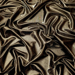 Dark Olive Taupe metallic stretch fabric arranged in elegant folds, showing reflective movement for occasionwear, costumes and fashion design