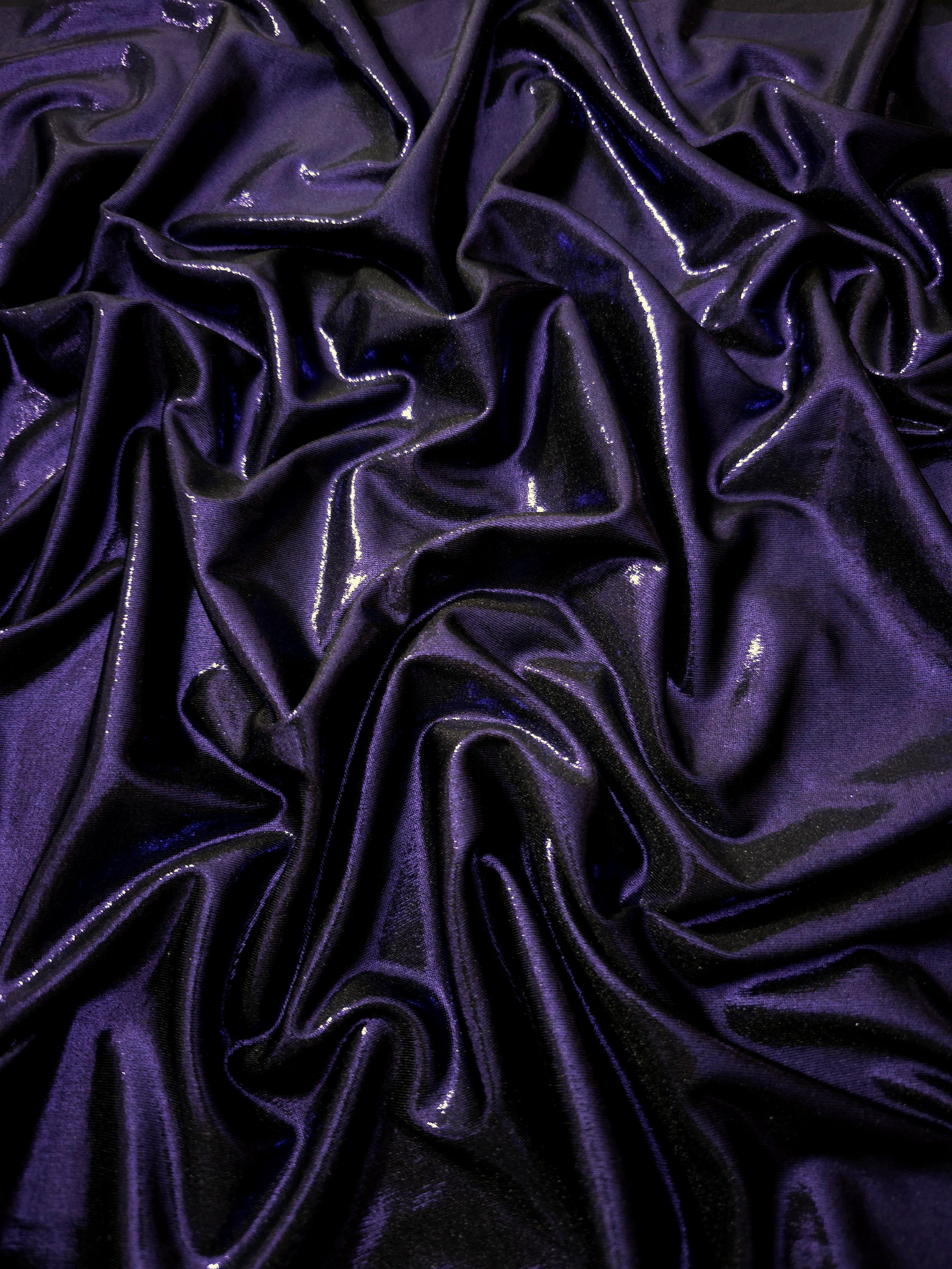 Draped Deep Violet Purple shimmer spandex fabric with luminous foil reflection, suited to gowns, skirts and theatrical apparel