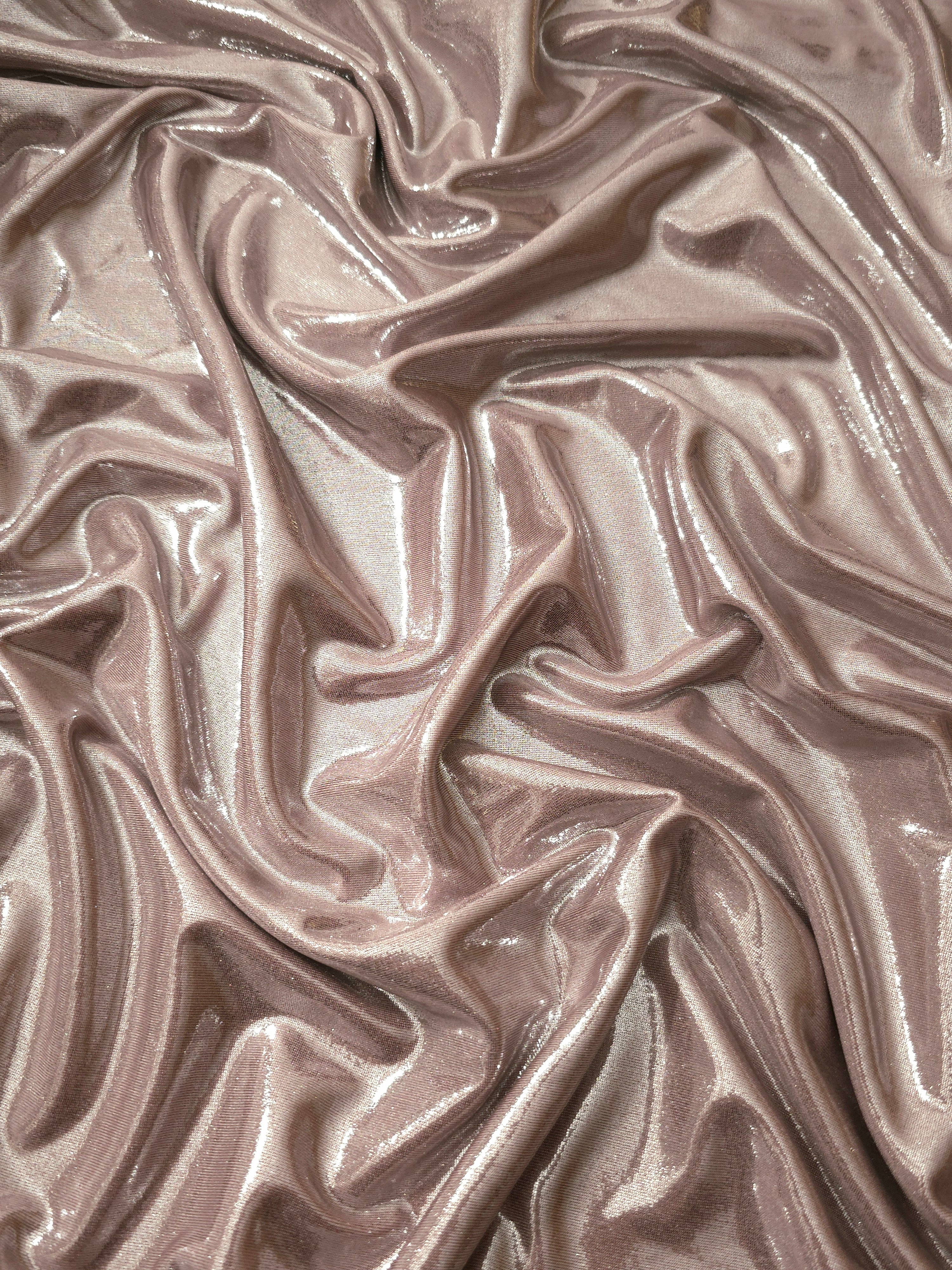 Draped Dusty Rose Taupe shimmer spandex fabric with luminous foil reflection, suited to gowns, skirts and theatrical apparel