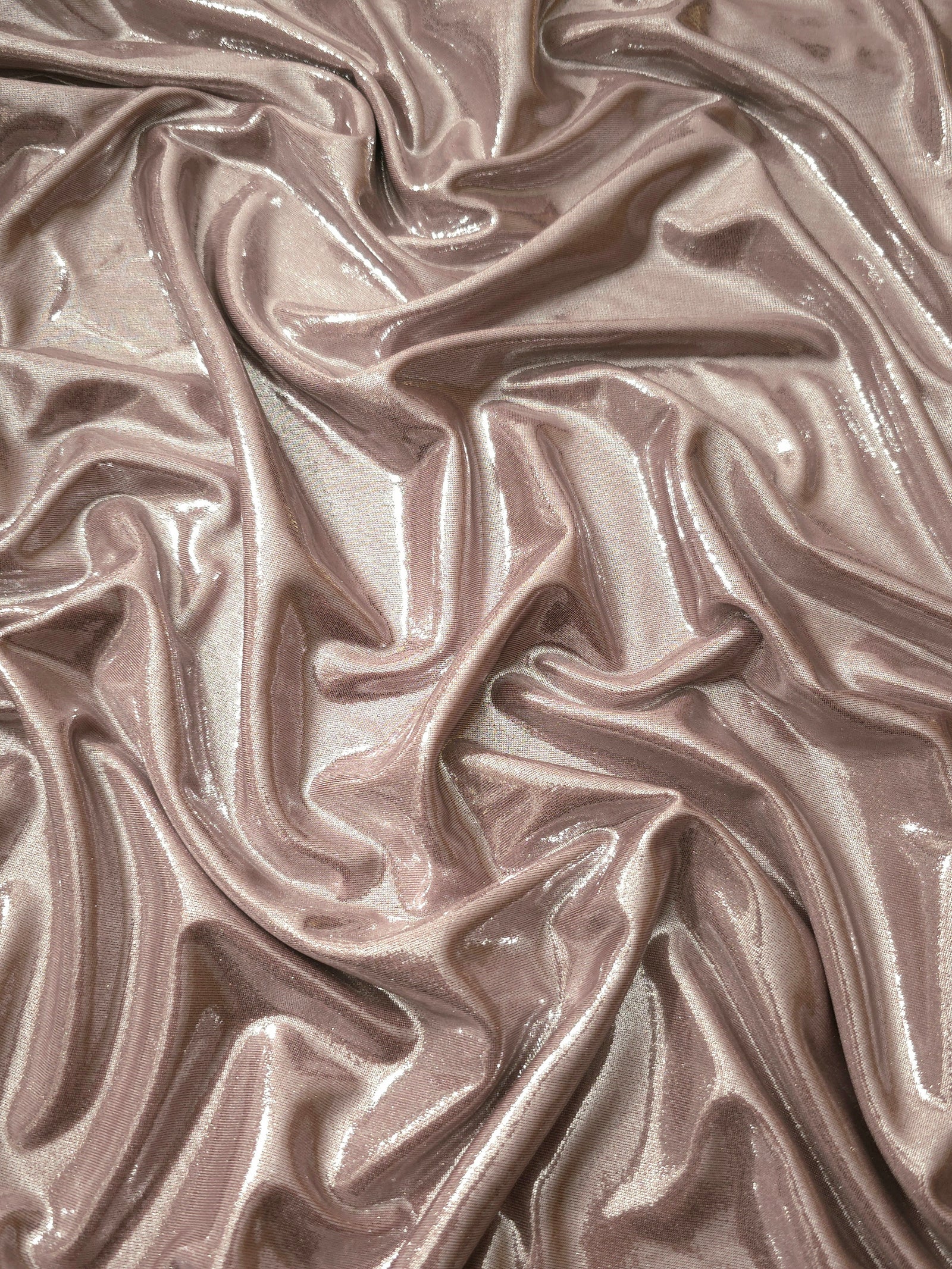 Draped Dusty Rose Taupe shimmer spandex fabric with luminous foil reflection, suited to gowns, skirts and theatrical apparel