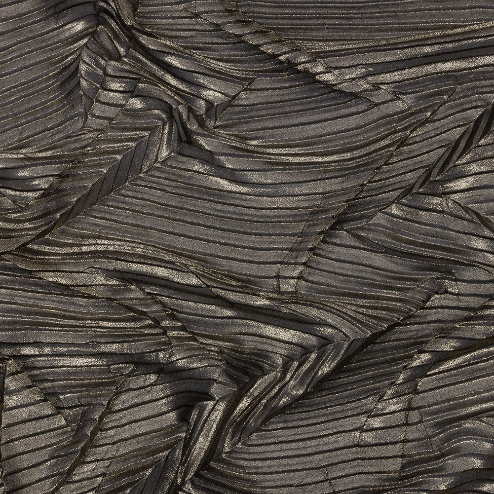 Italian Chiffon with Abstract Pleats | Gold on Black - Original - Hiba Fabrics