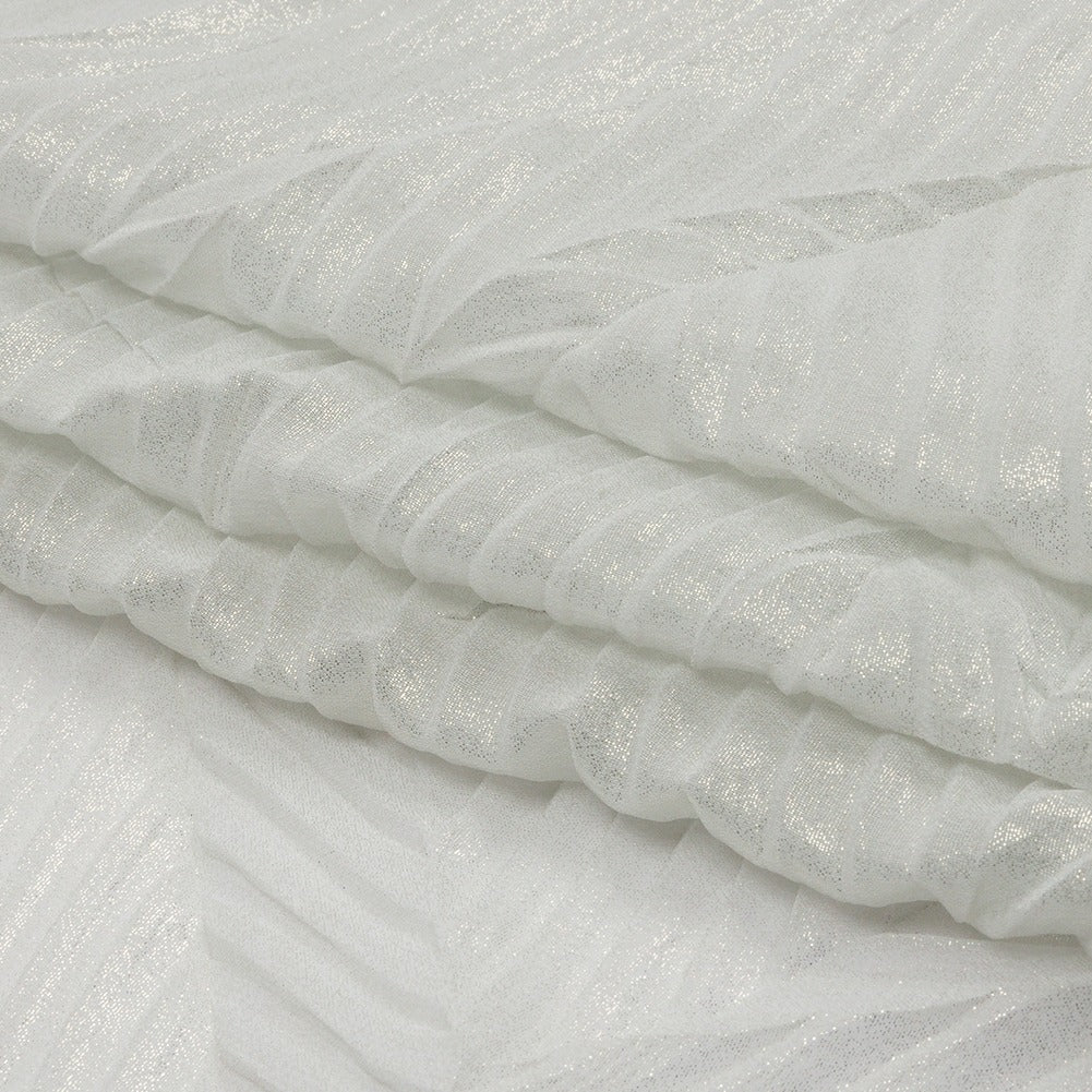 Italian  Chiffon with Abstract Pleats | Silver on White