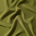 Khaki Olive Green polyester crepe in long draped folds, showing flowing coverage for abayas and modest fashion