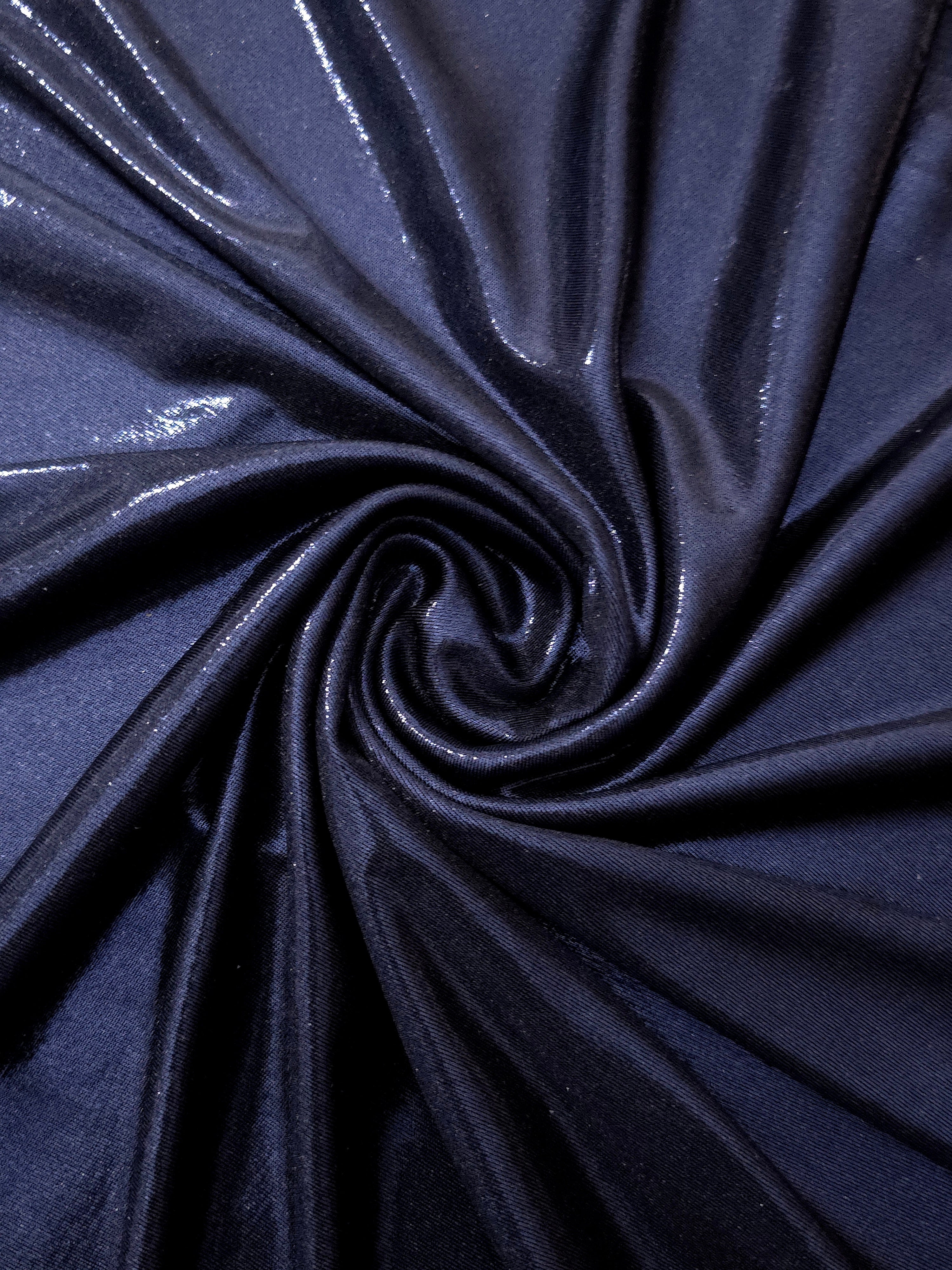 Swirled Midnight Navy Blue metallic foiled spandex showing fluid movement and luminous sheen for dresses, dancewear and stage costumes