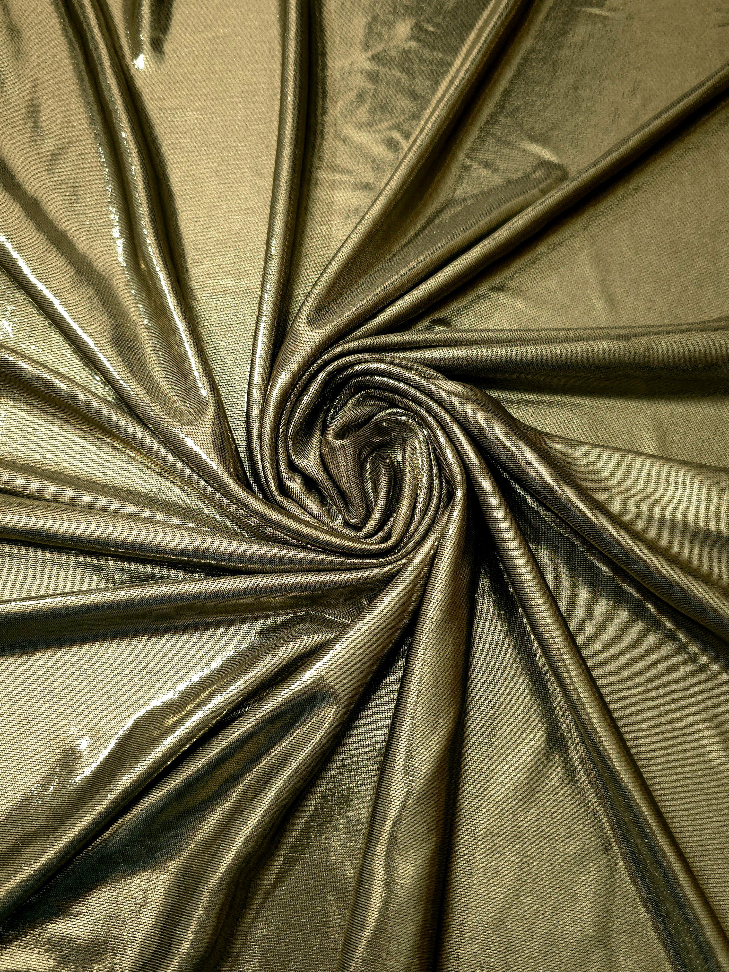 Spiraled Olive Khaki shimmer spandex fabric showing reflective movement for evening dresses, costumes and performance apparel