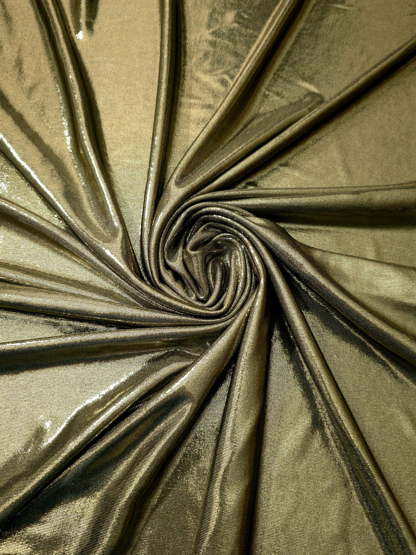 Spiraled Olive Khaki shimmer spandex fabric showing reflective movement for evening dresses, costumes and performance apparel