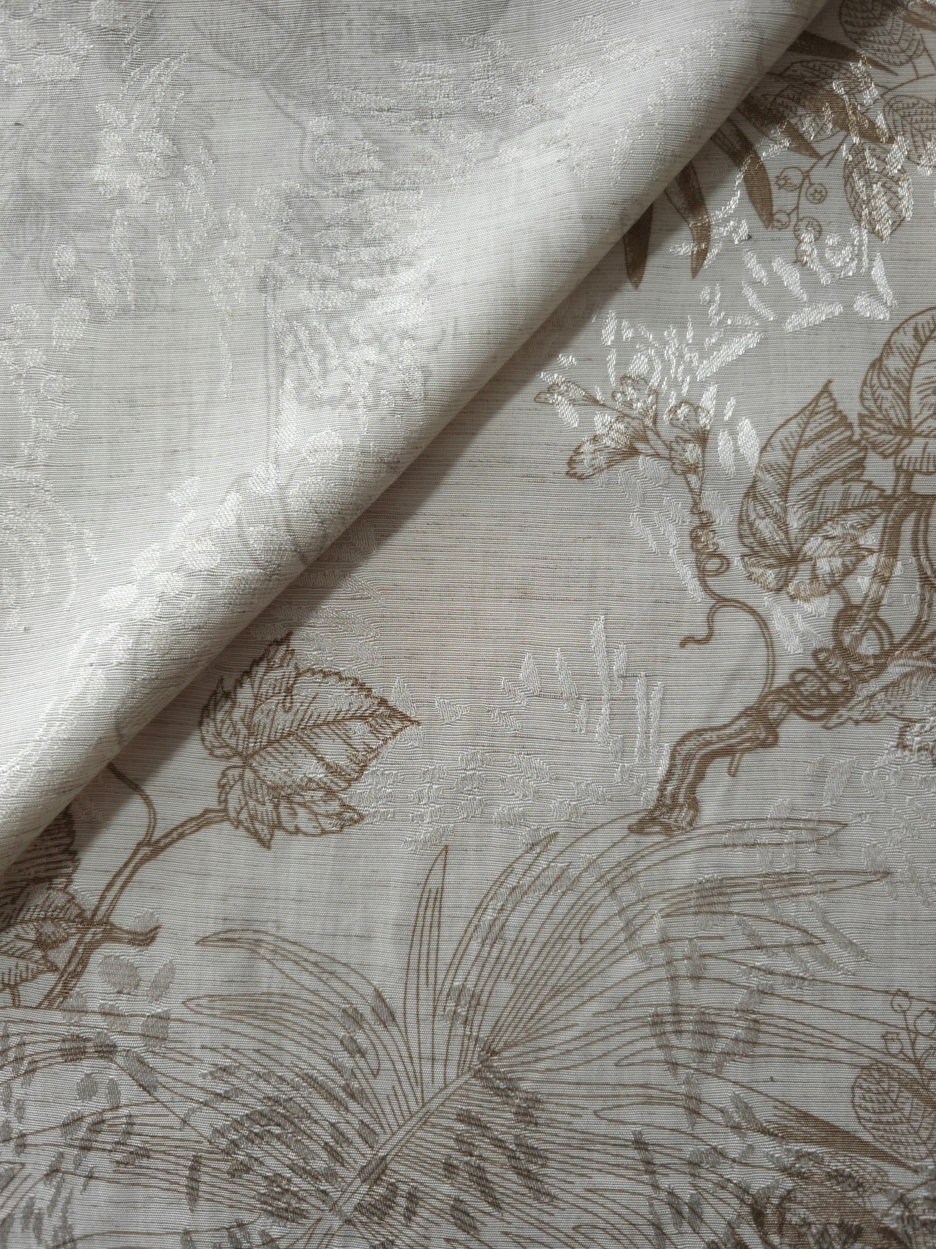Brown palm vine jacquard fabric close-up detail with woven leaf motif and linen-look texture.