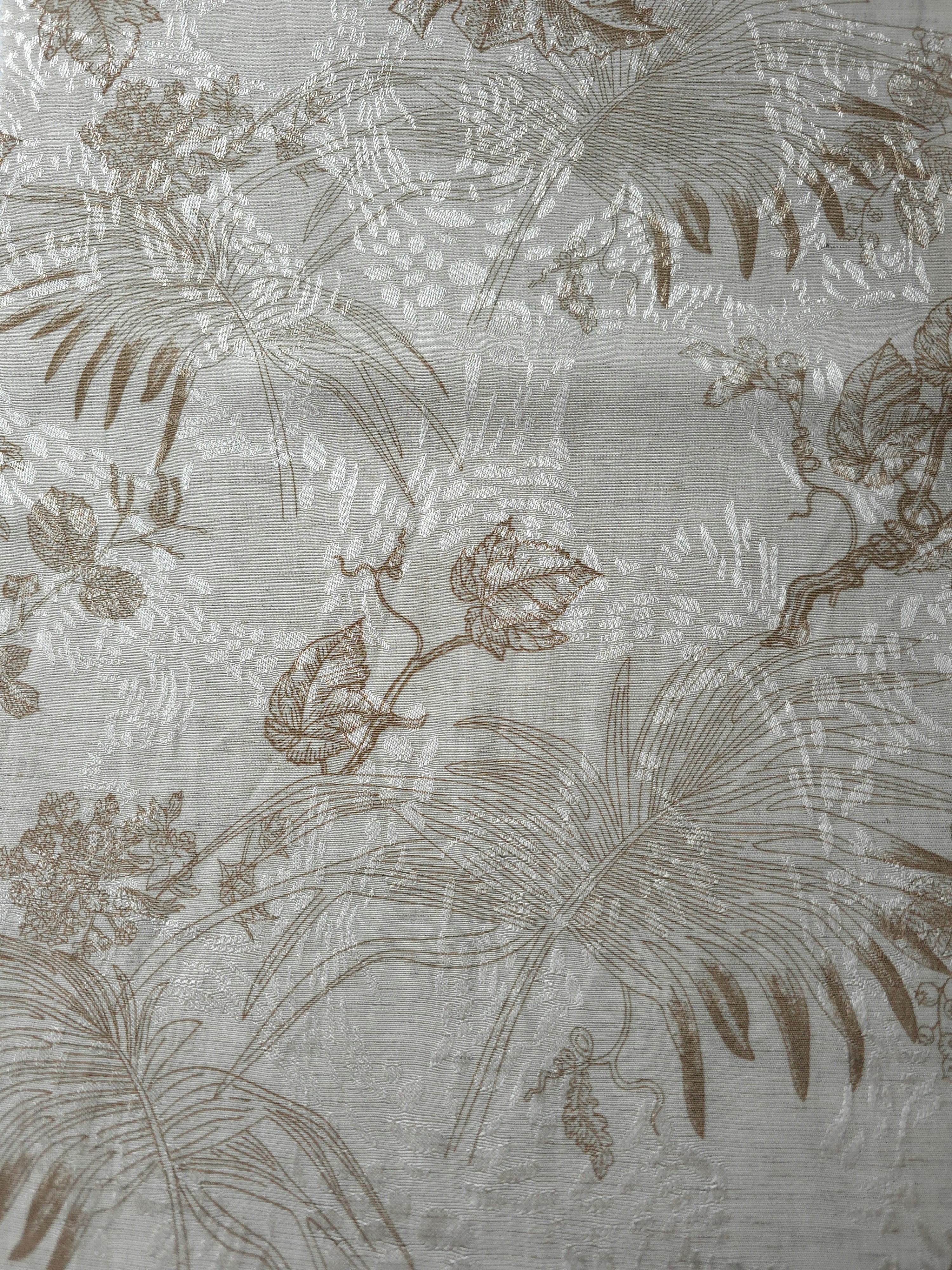 Brown palm vine linen-look jacquard fabric pattern overview with tonal botanical motif.