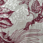 Deep red palm vine linen-look jacquard fabric pattern overview with tonal botanical design.