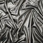 Softly draped Silver Gray foiled spandex fabric showing fluid shape and metallic shimmer for dresses, stage costumes and eventwear
