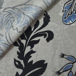 Blue sketch floral jacquard fabric close-up detail showing woven flower texture.