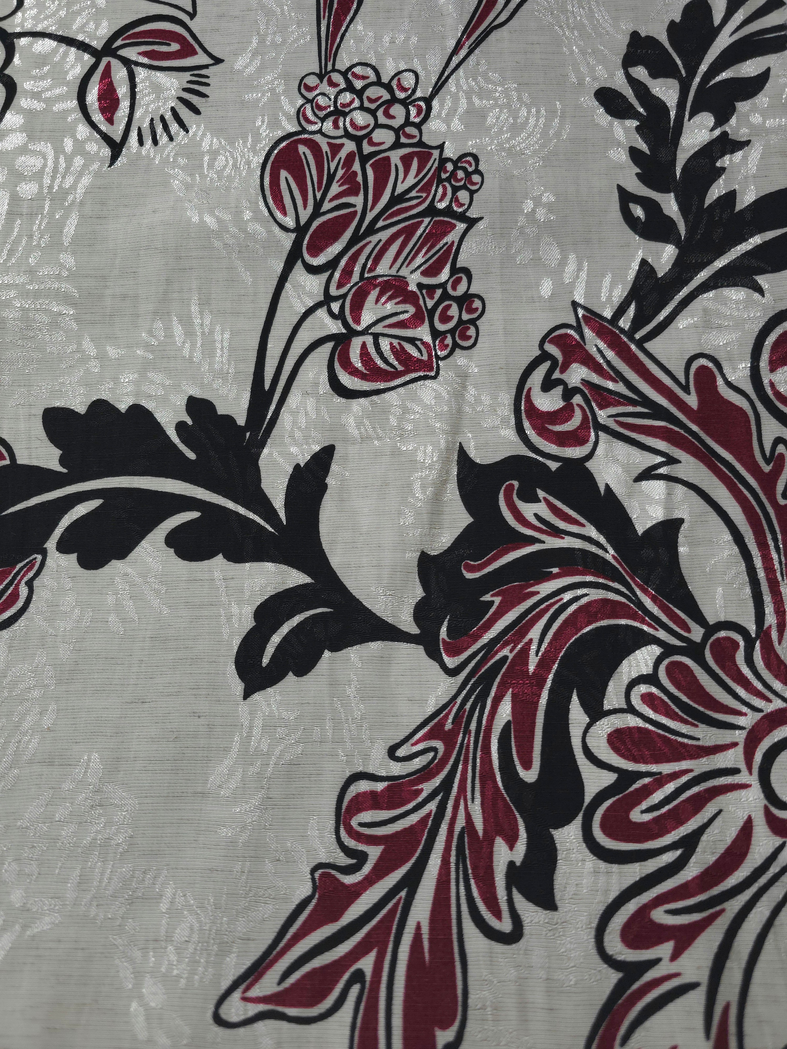Deep red sketch floral linen-look jacquard fabric pattern overview with tonal flower motif.