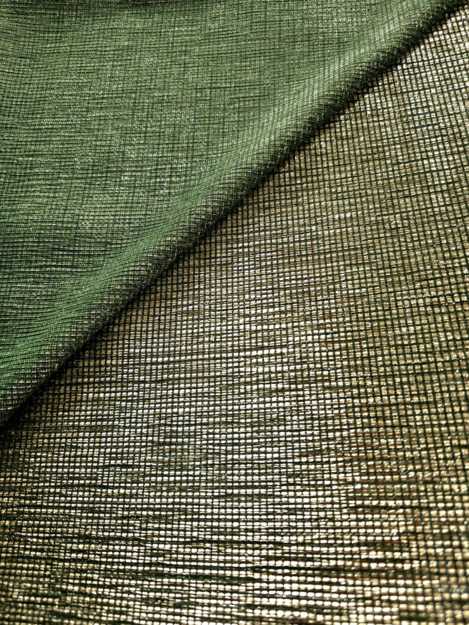 Front and back of Antique Gold Sheer Square Shimmer Stretch Tulle Fabric showing square motif, sheer knit base and flexible stretch