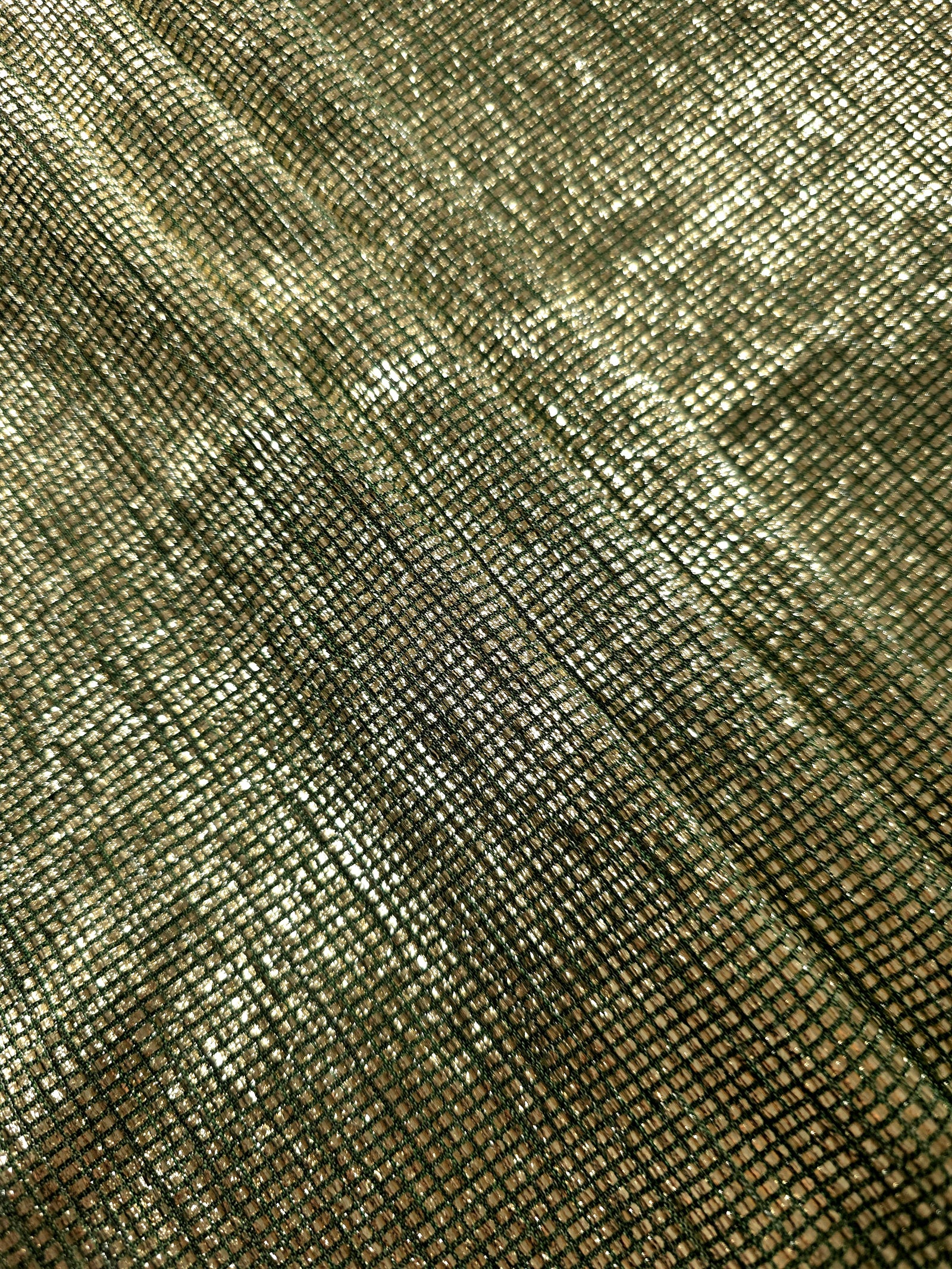 Layered Antique Gold Sheer Square Shimmer Stretch Tulle Fabric showing overlapping geometry, denser shimmer and translucent depth