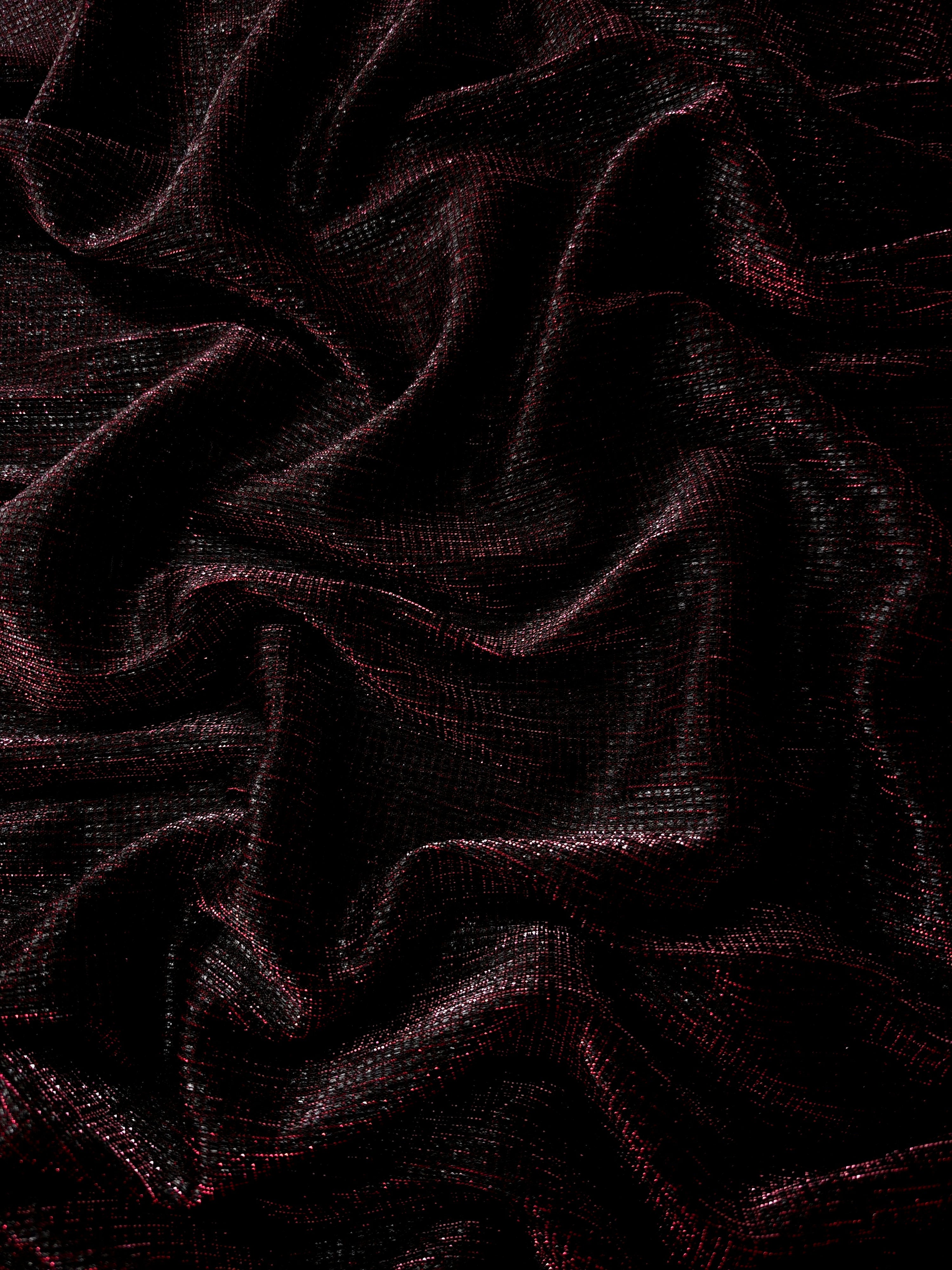 Draped Black Cherry Sheer Square Shimmer Stretch Tulle Fabric showing a geometric reflective grid across fluid folds