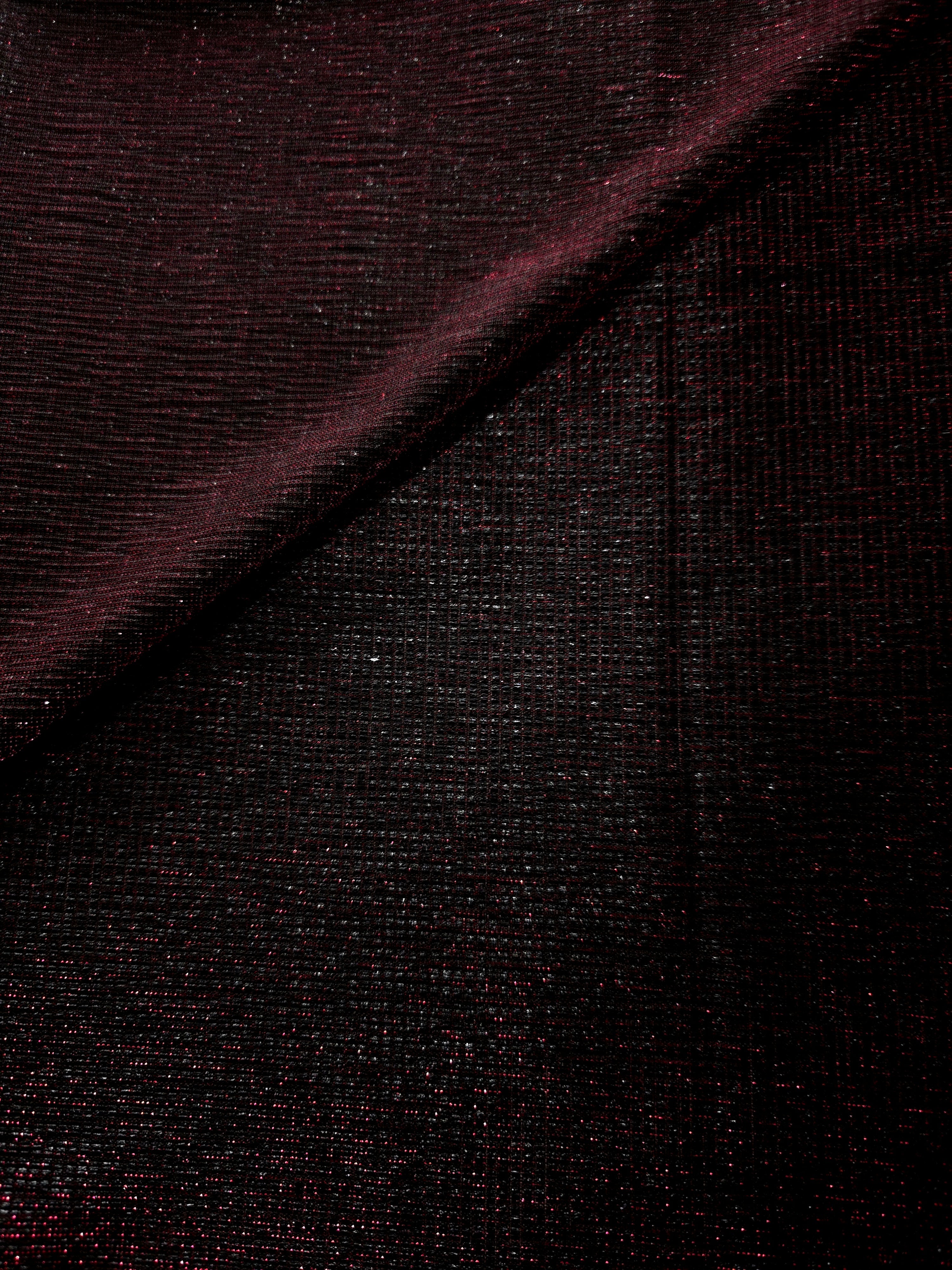 Front and back of Black Cherry Sheer Square Shimmer Stretch Tulle Fabric showing square motif, sheer knit base and flexible stretch