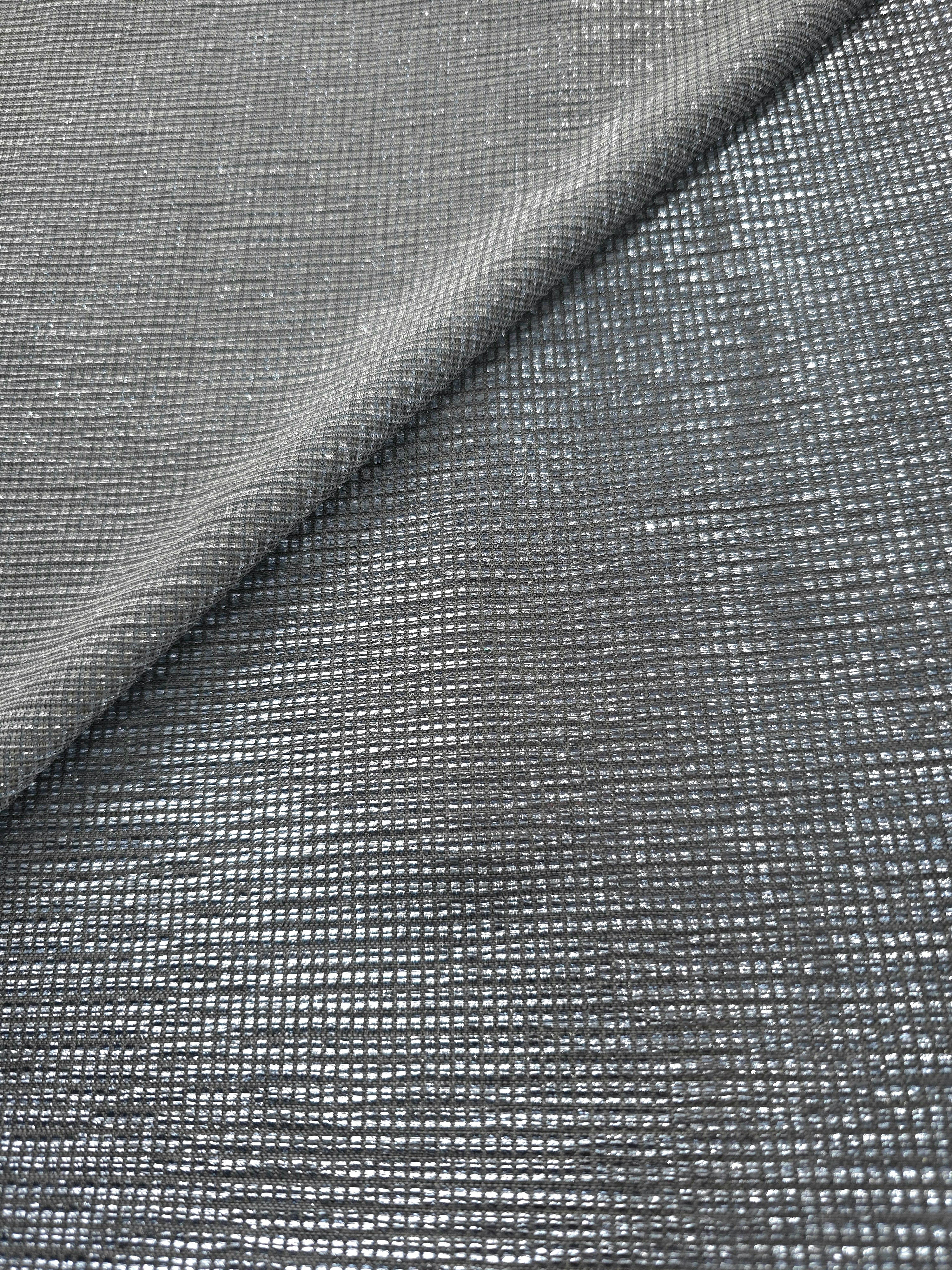 Front and back of Bright Silver Sheer Square Shimmer Stretch Tulle Fabric showing square motif, sheer knit base and flexible stretch