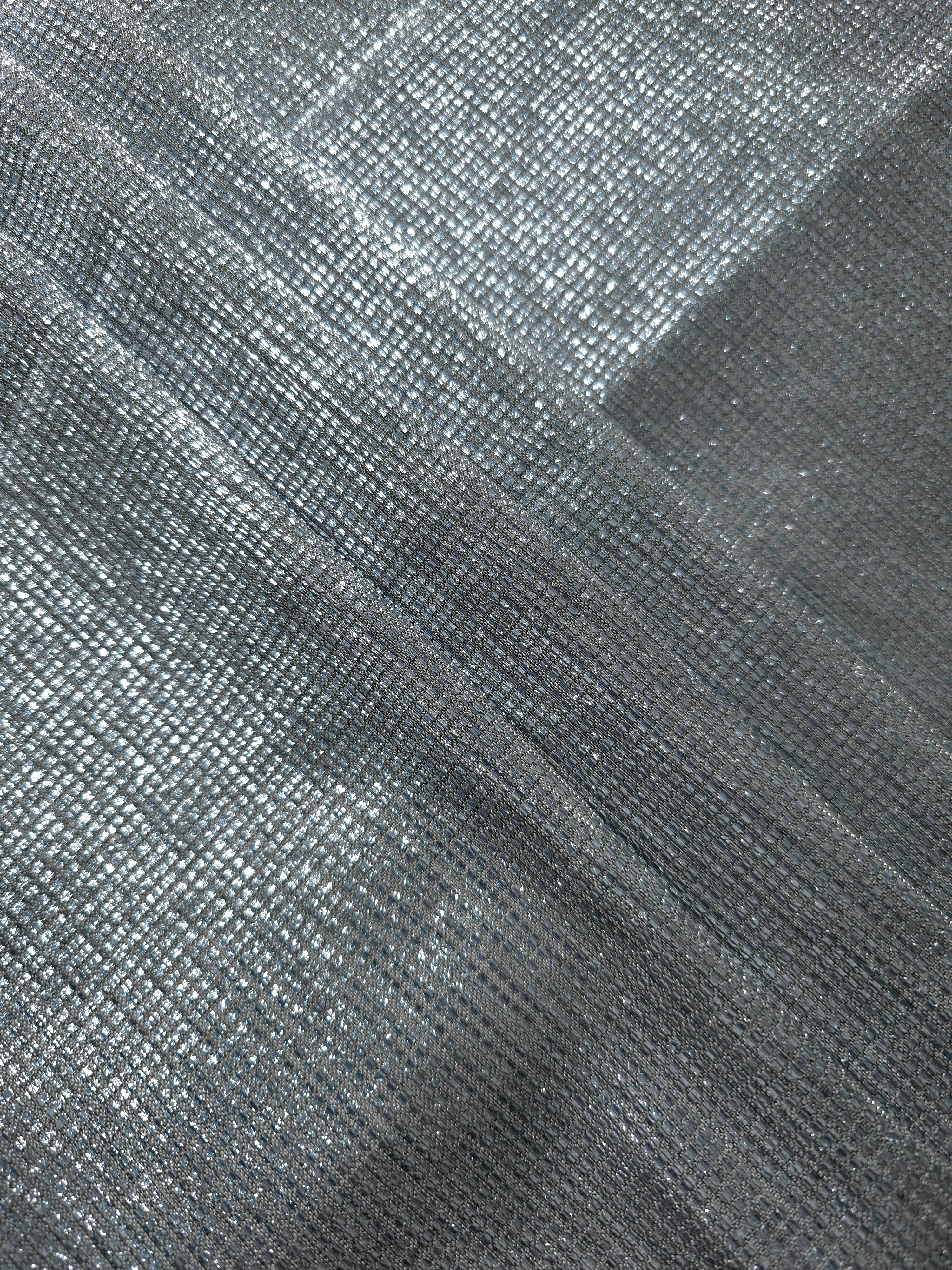 Layered Bright Silver Sheer Square Shimmer Stretch Tulle Fabric showing overlapping geometry, denser shimmer and translucent depth