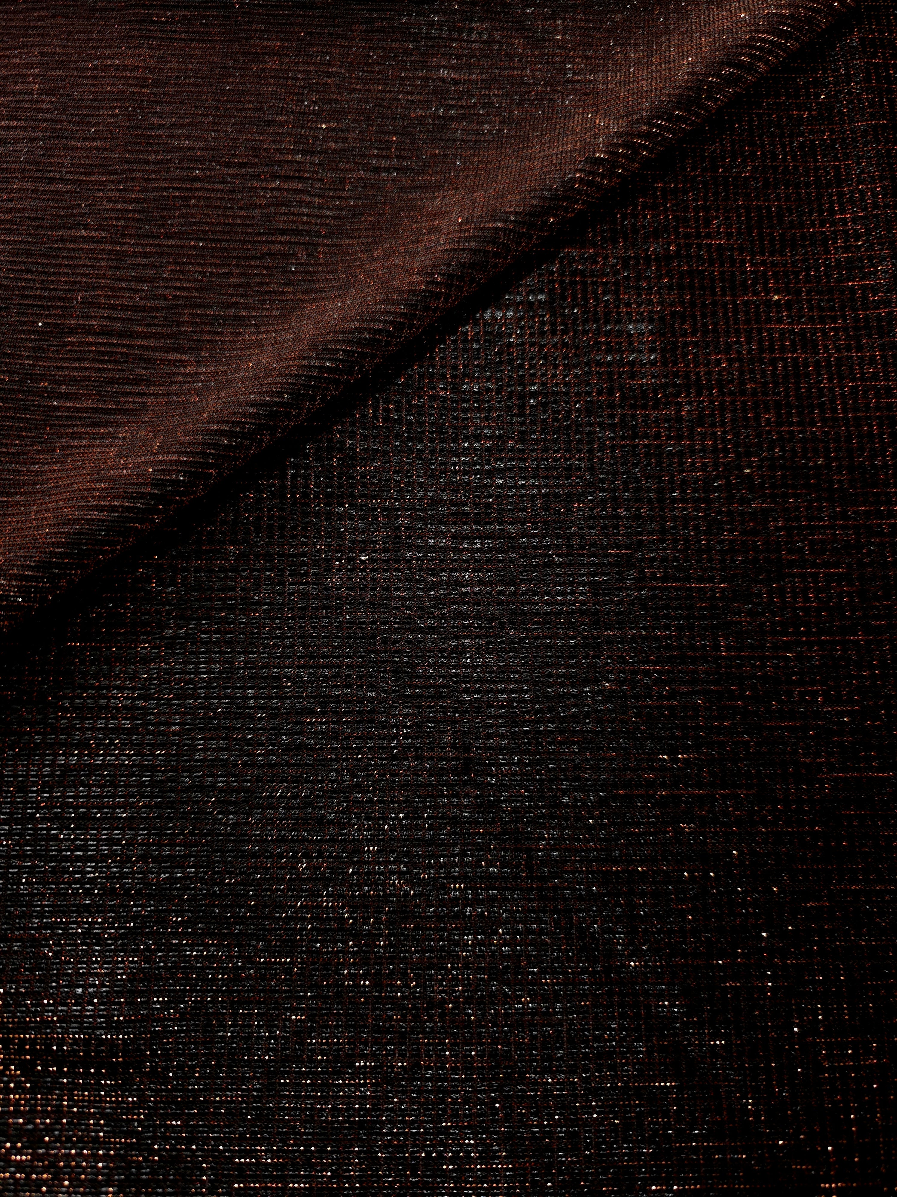 Front and back of Burnt Copper Sheer Square Shimmer Stretch Tulle Fabric showing square motif, sheer knit base and flexible stretch